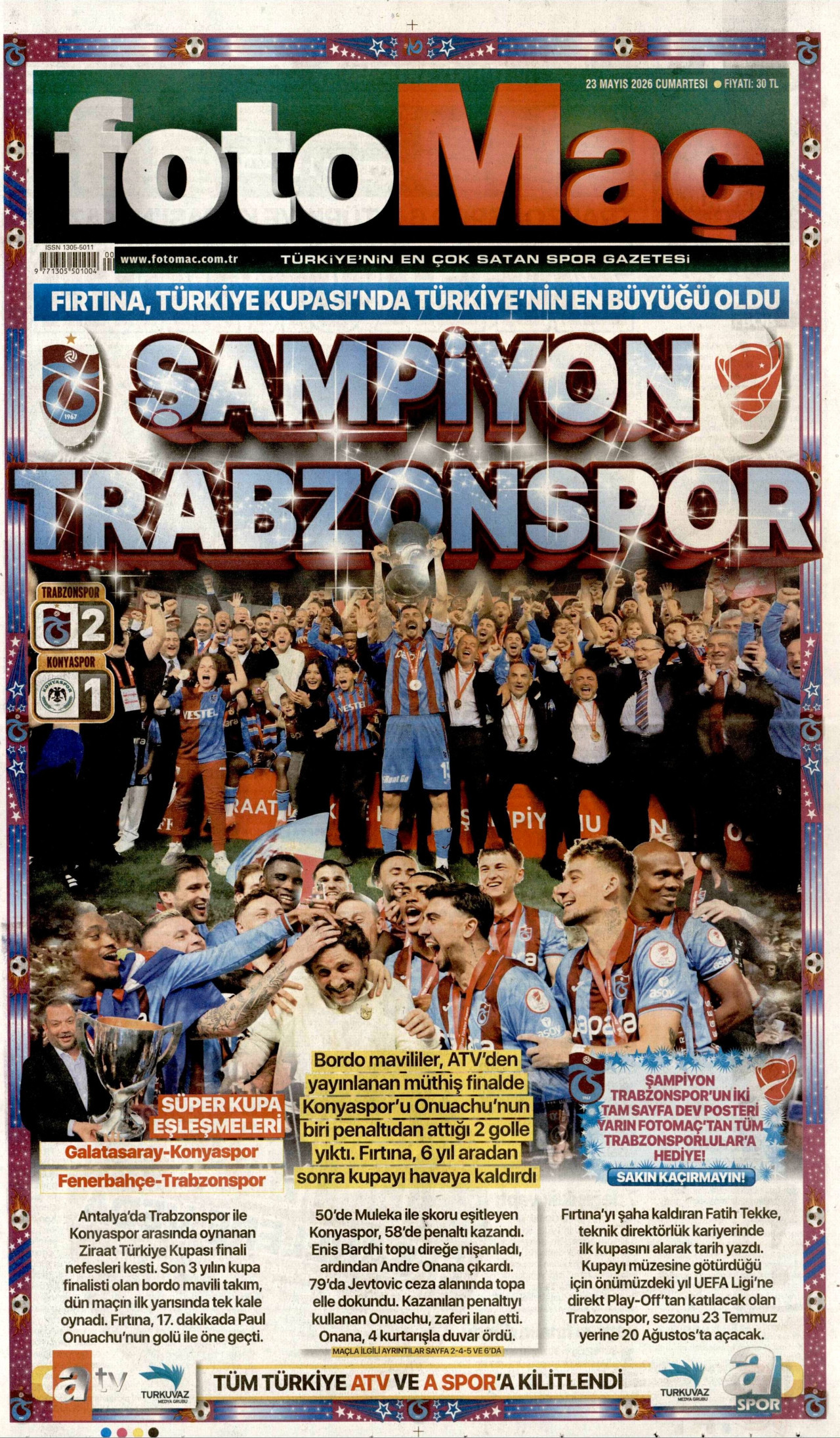FOTOMAÇ gazetesinin 23 Mayıs 2026 tarihli birinci sayfası