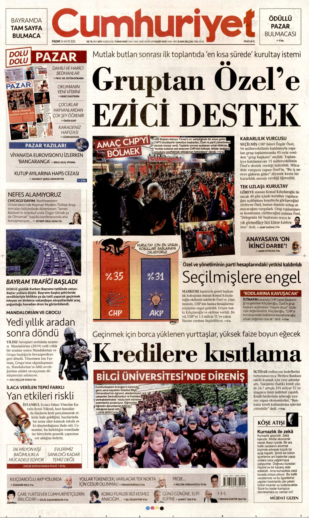 CUMHURİYET gazetesinin 24 Mayıs 2026 tarihli birinci sayfası