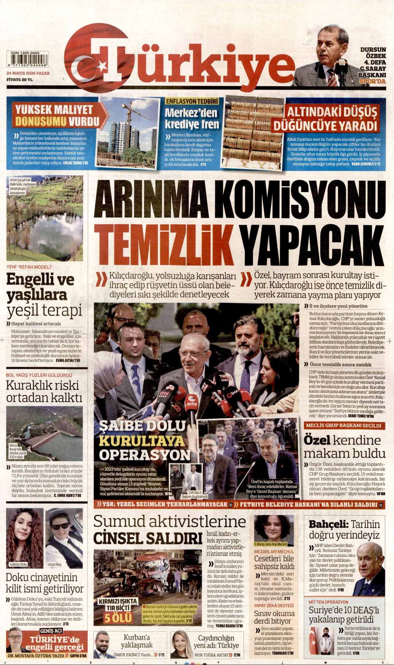 TÜRKİYE GAZETESİ gazetesinin 24 Mayıs 2026 tarihli birinci sayfası