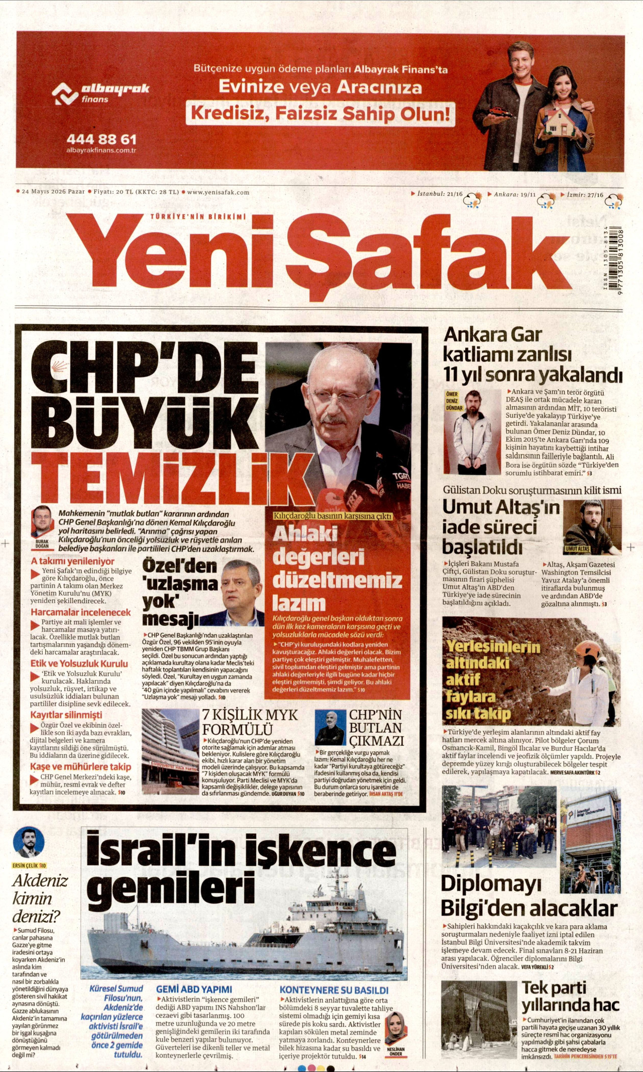 YENİ ŞAFAK gazetesinin 24 Mayıs 2026 tarihli birinci sayfası