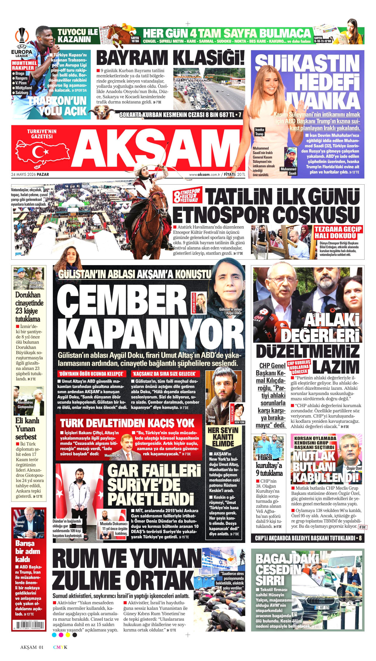 AKŞAM gazetesinin 24 Mayıs 2026 tarihli birinci sayfası