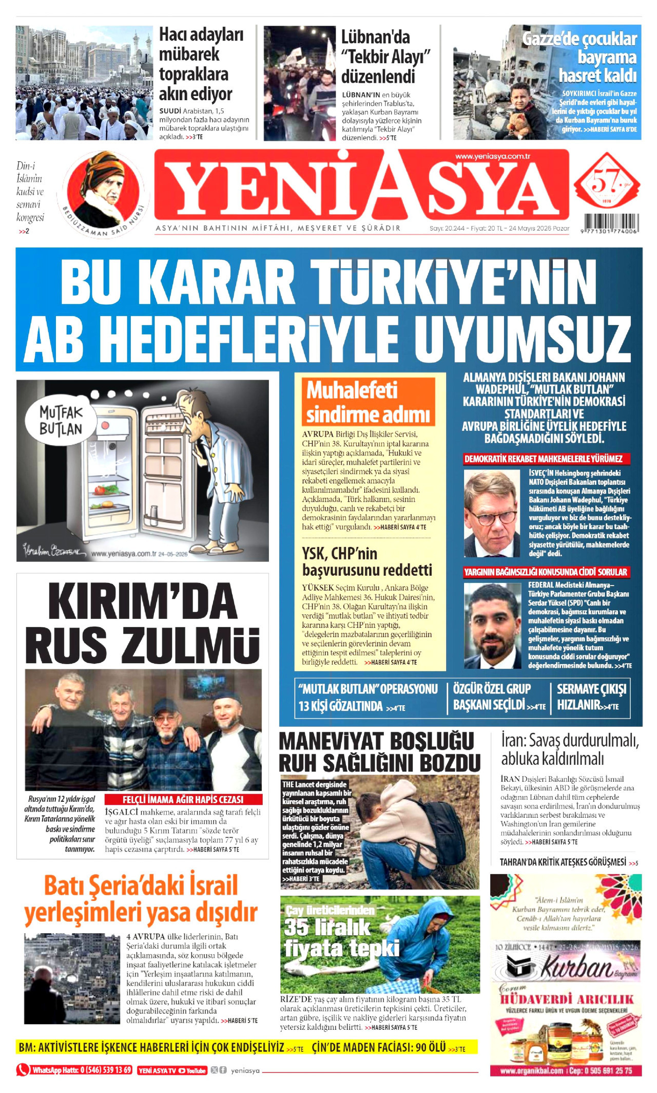 YENİ ASYA gazetesinin 24 Mayıs 2026 tarihli birinci sayfası