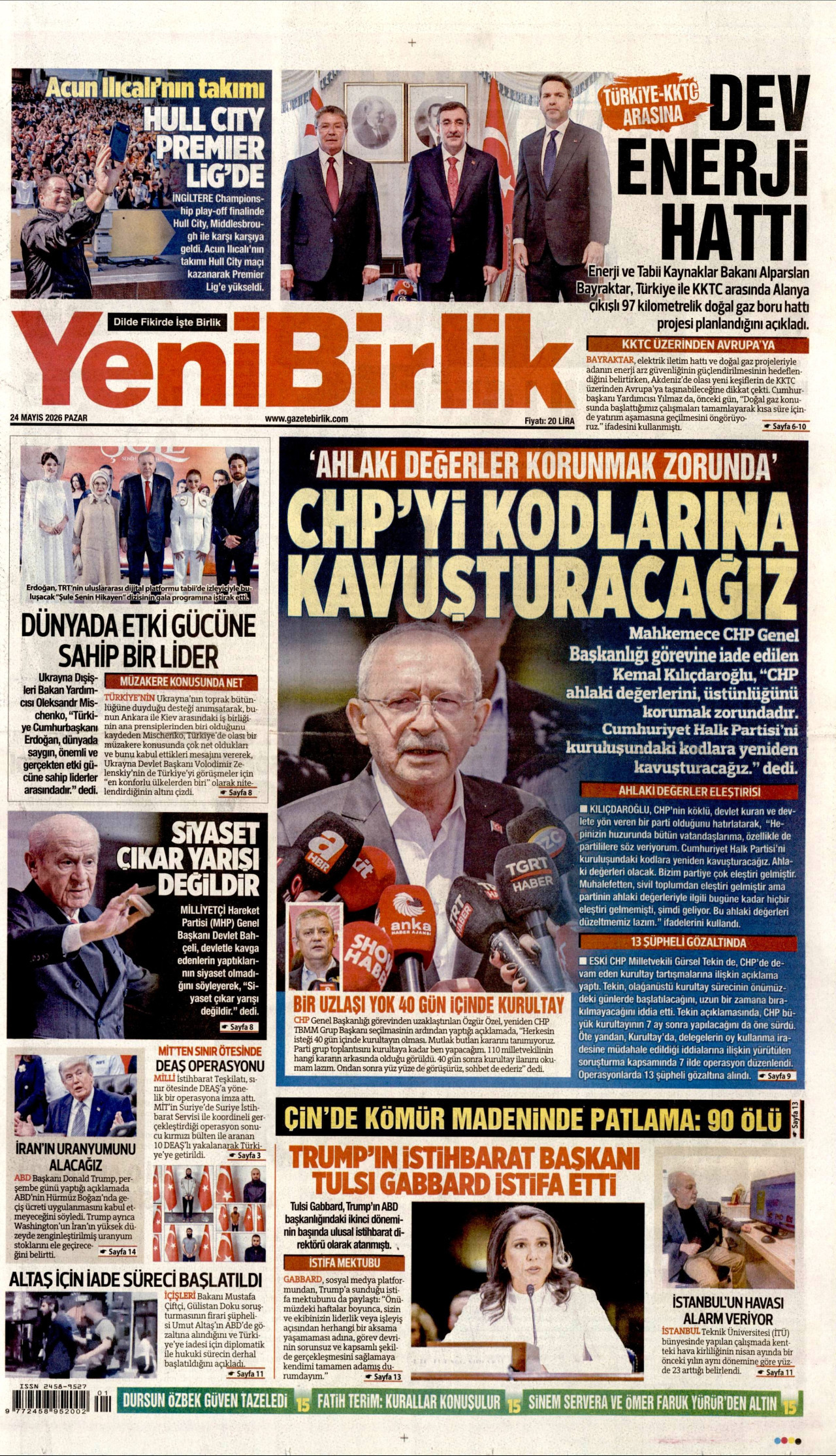 YENİBİRLİK gazetesinin 24 Mayıs 2026 tarihli birinci sayfası