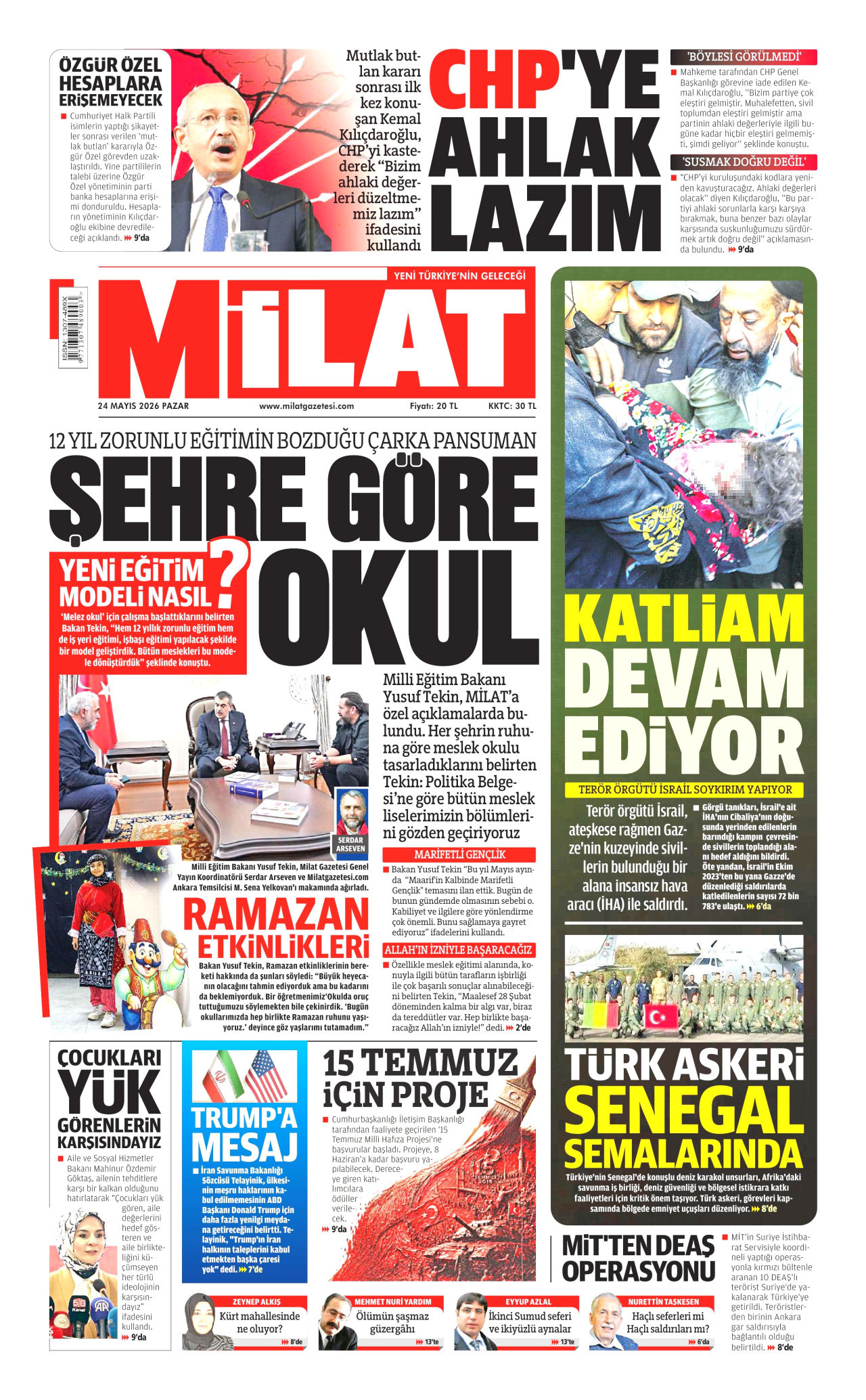 MİLAT gazetesinin 24 Mayıs 2026 tarihli birinci sayfası