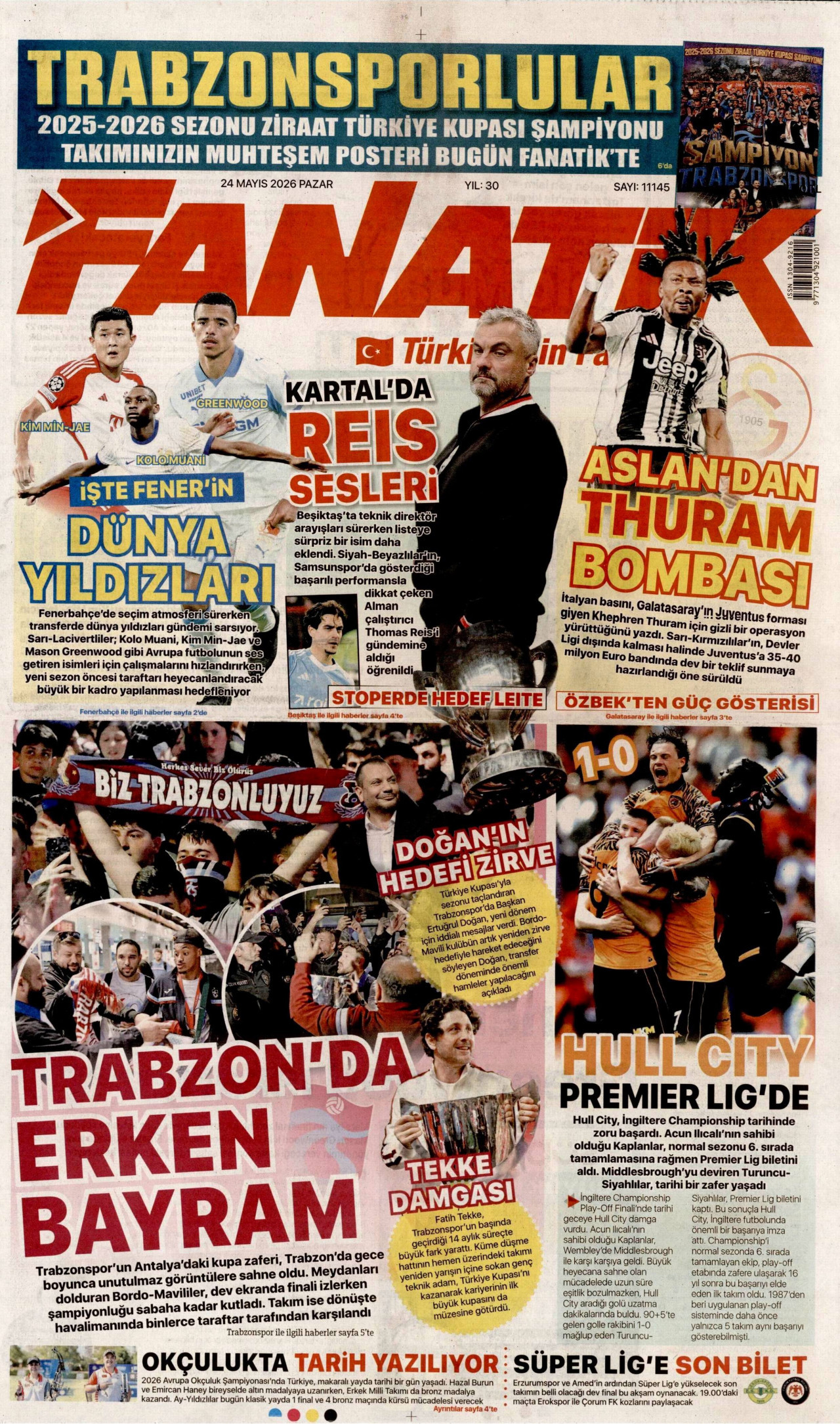 FANATİK gazetesinin 24 Mayıs 2026 tarihli birinci sayfası