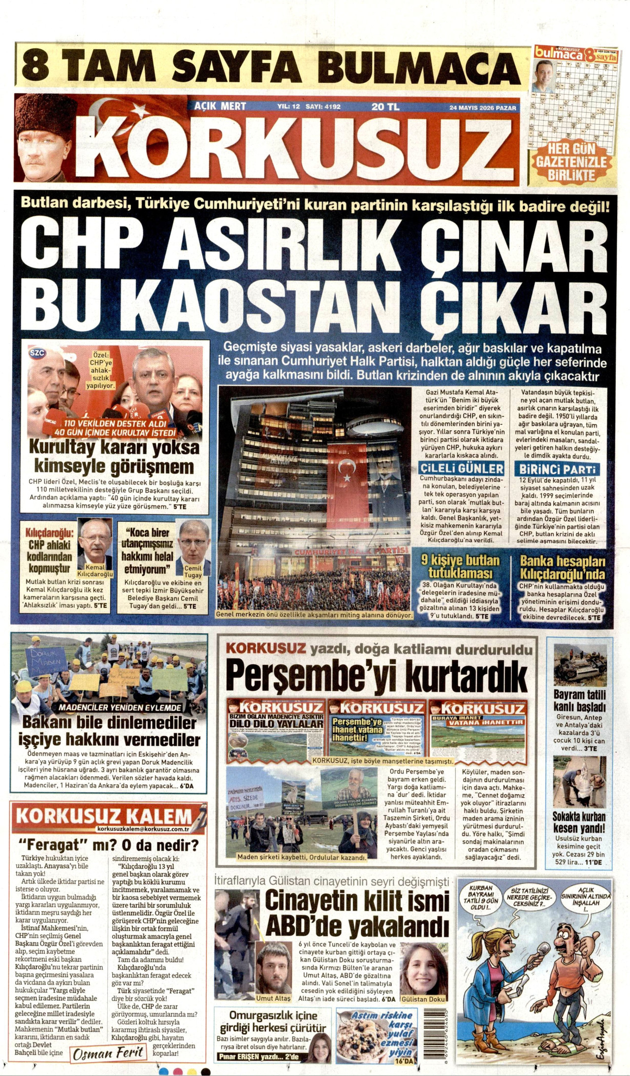 KORKUSUZ gazetesinin 24 Mayıs 2026 tarihli birinci sayfası
