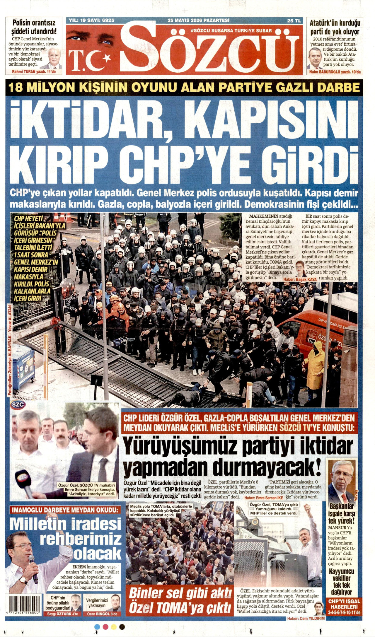 SÖZCÜ gazetesinin 25 Mayıs 2026 tarihli birinci sayfası