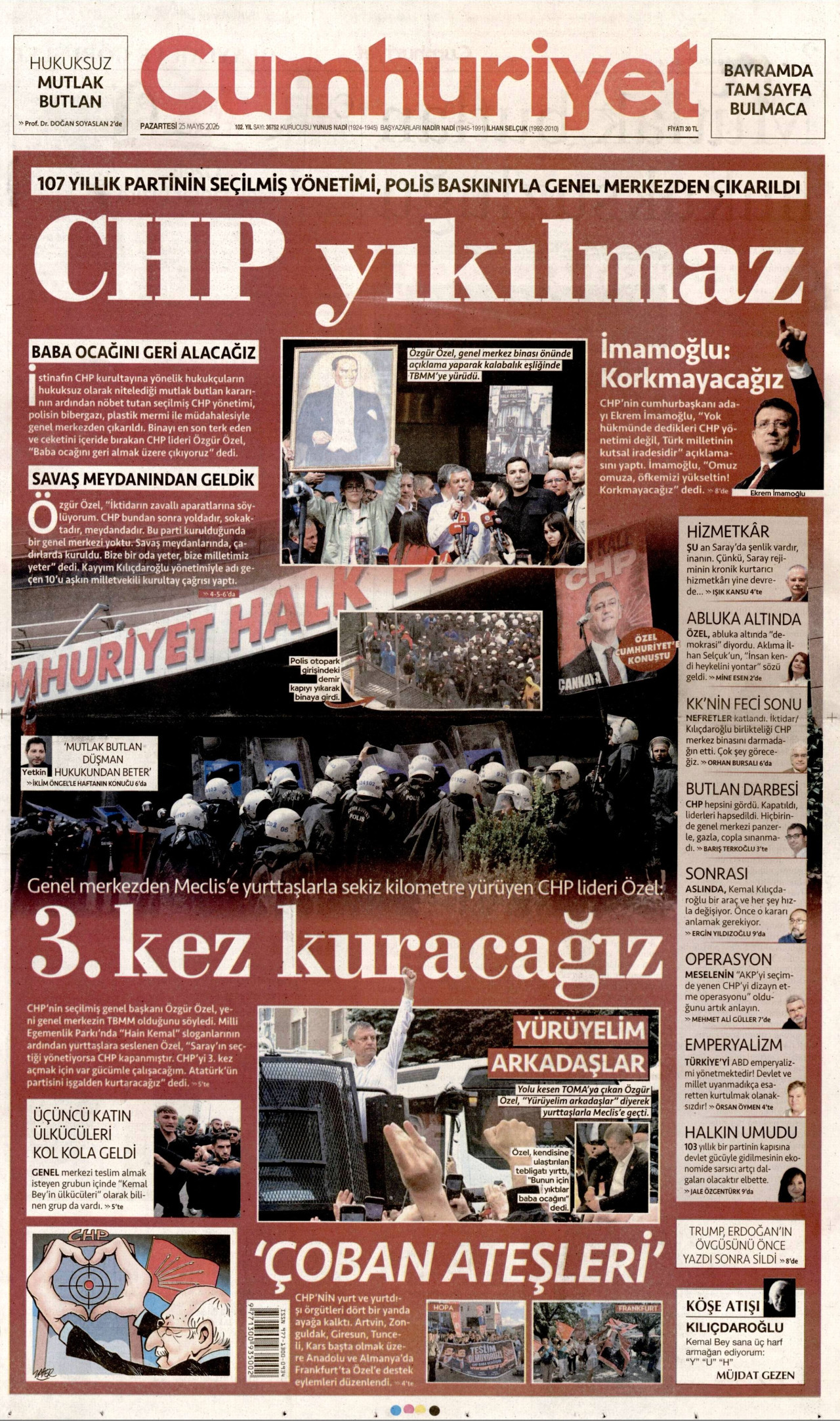 CUMHURİYET gazetesinin 25 Mayıs 2026 tarihli birinci sayfası
