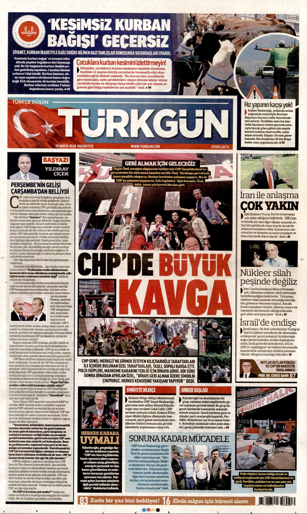 TÜRKGÜN gazetesinin 25 Mayıs 2026 tarihli birinci sayfası