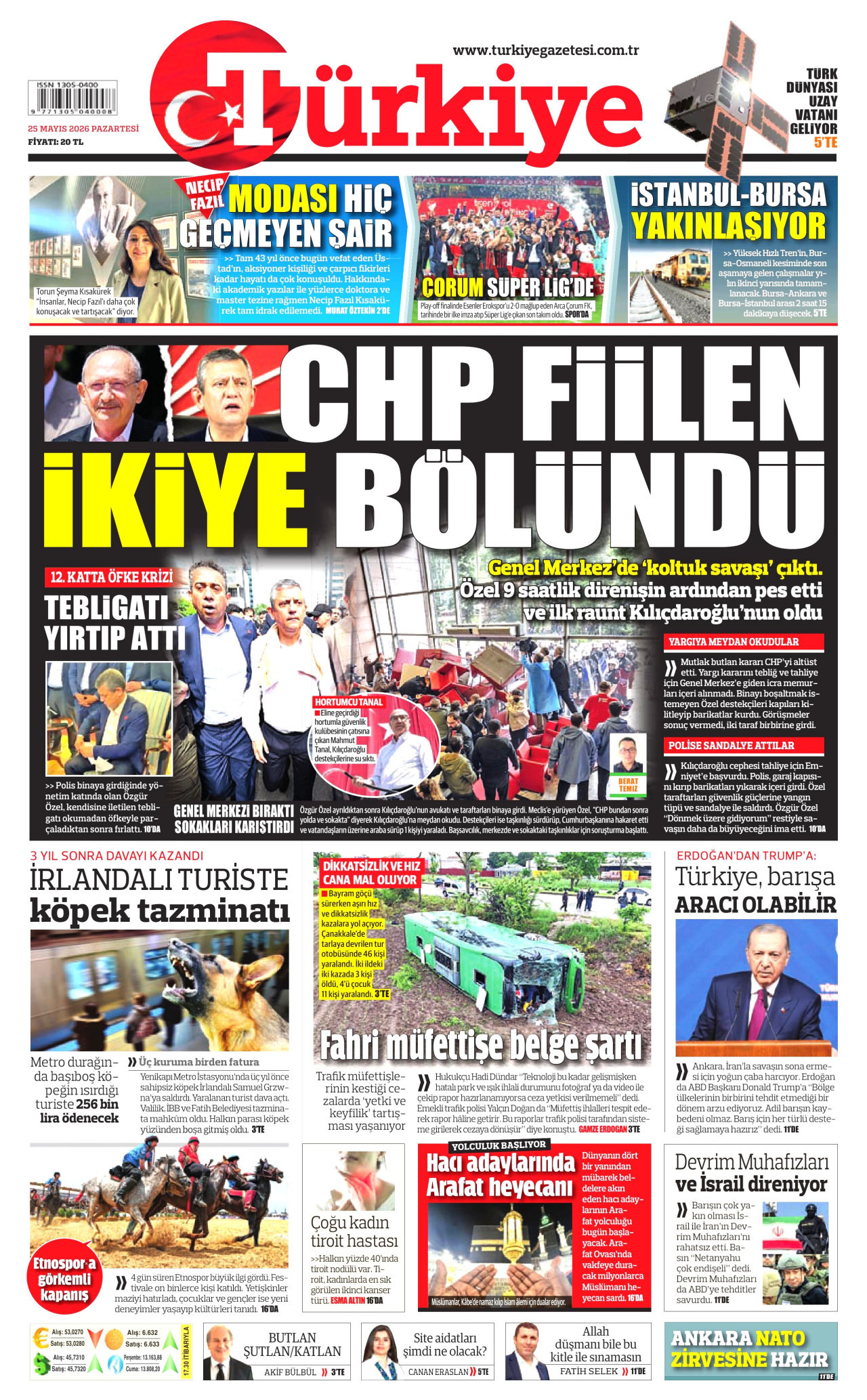 TÜRKİYE GAZETESİ gazetesinin 25 Mayıs 2026 tarihli birinci sayfası