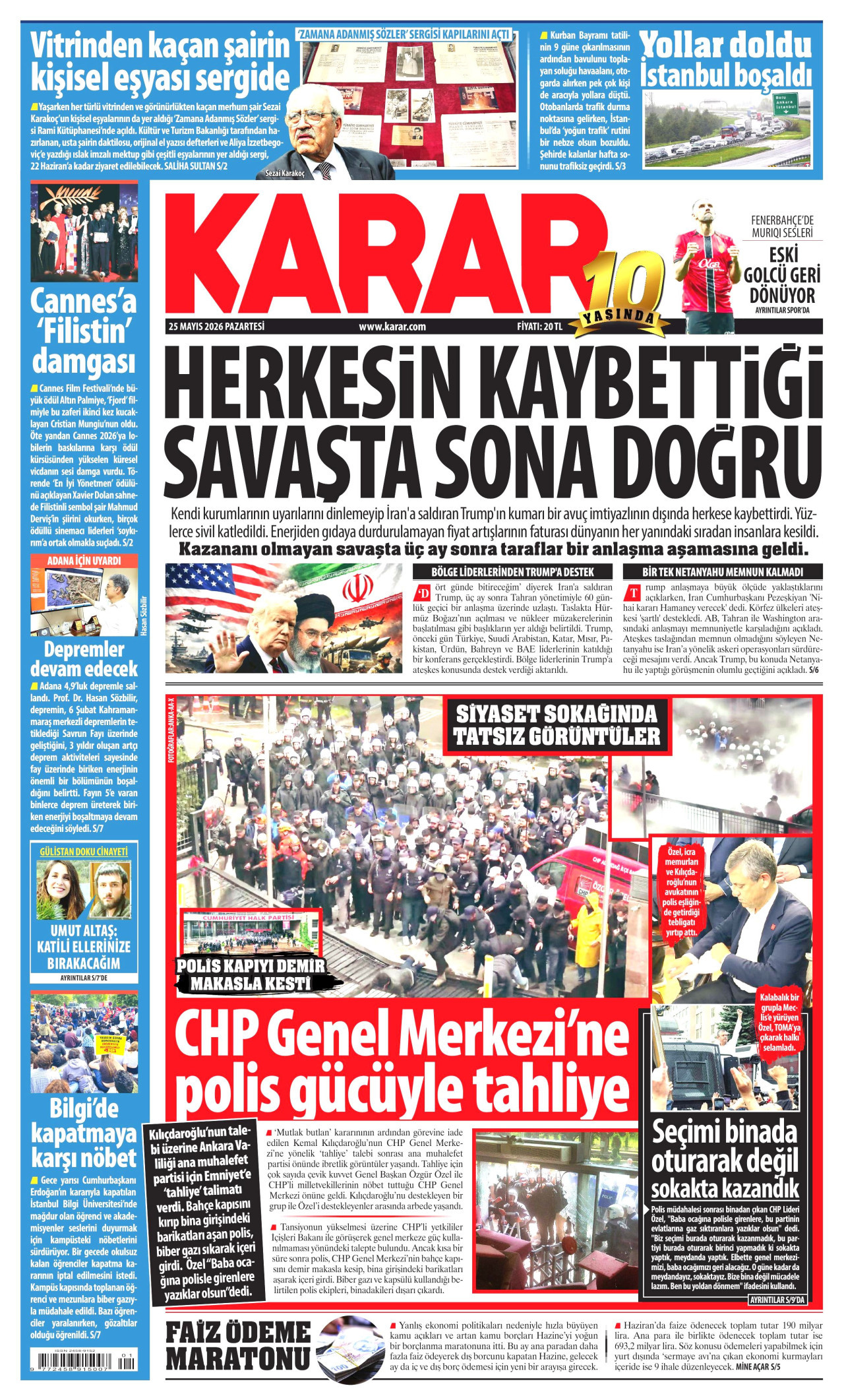 KARAR gazetesinin 25 Mayıs 2026 tarihli birinci sayfası