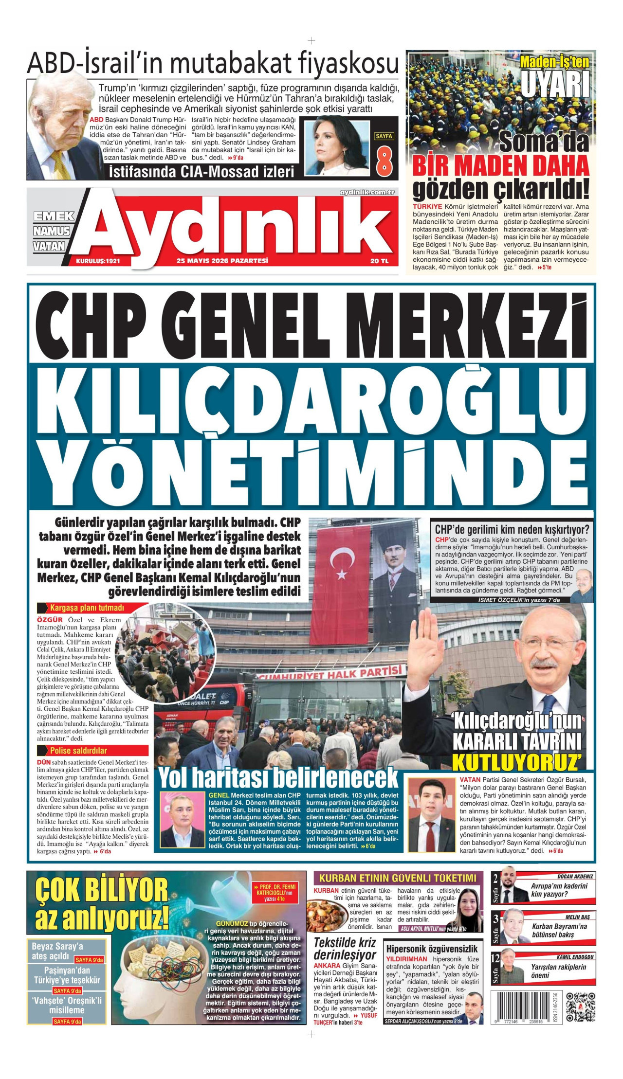 AYDINLIK GAZETESİ gazetesinin 25 Mayıs 2026 tarihli birinci sayfası