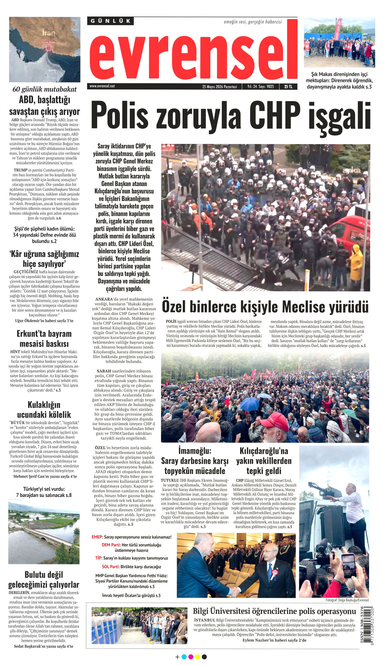 EVRENSEL gazetesinin 25 Mayıs 2026 tarihli birinci sayfası