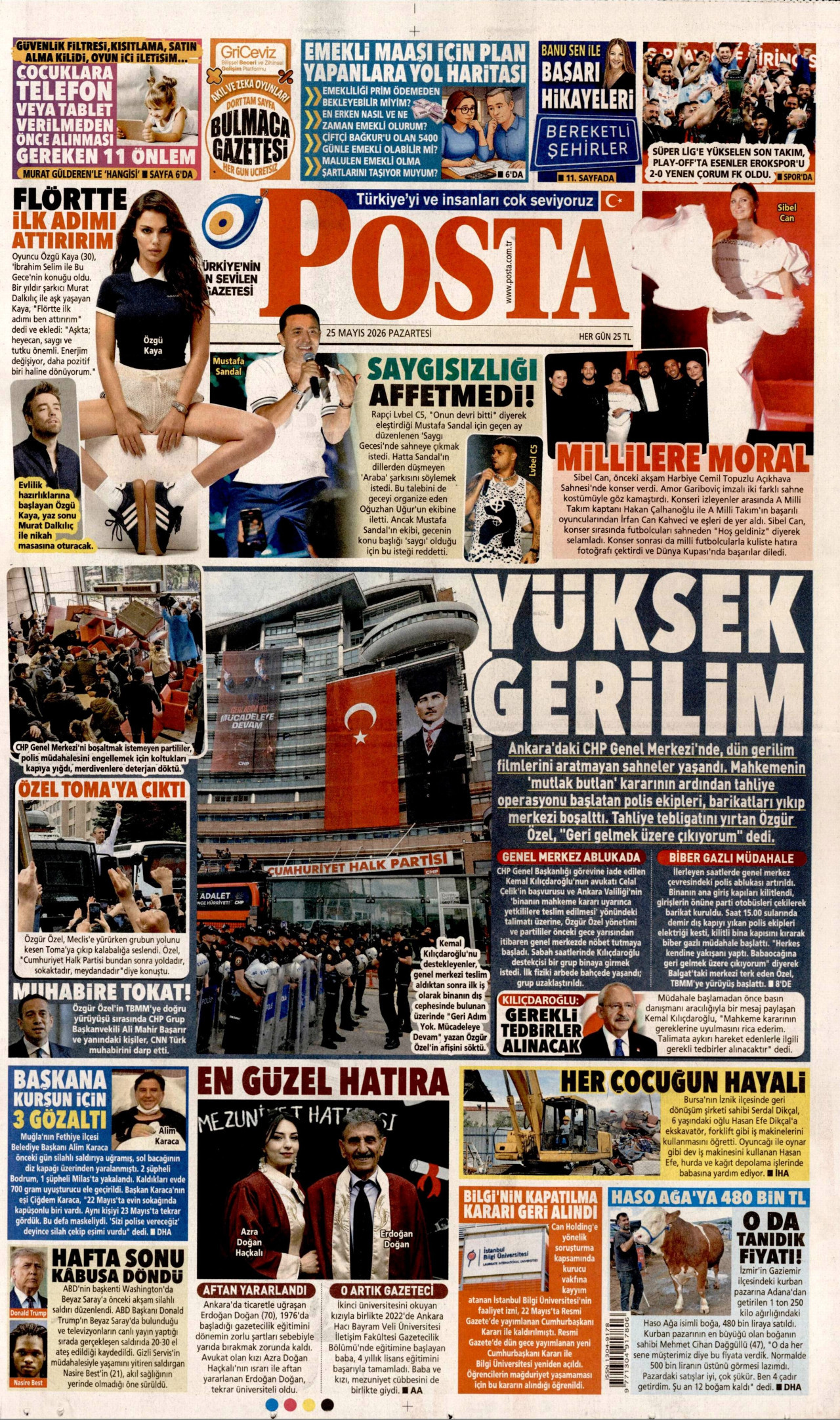 POSTA gazetesinin 25 Mayıs 2026 tarihli birinci sayfası