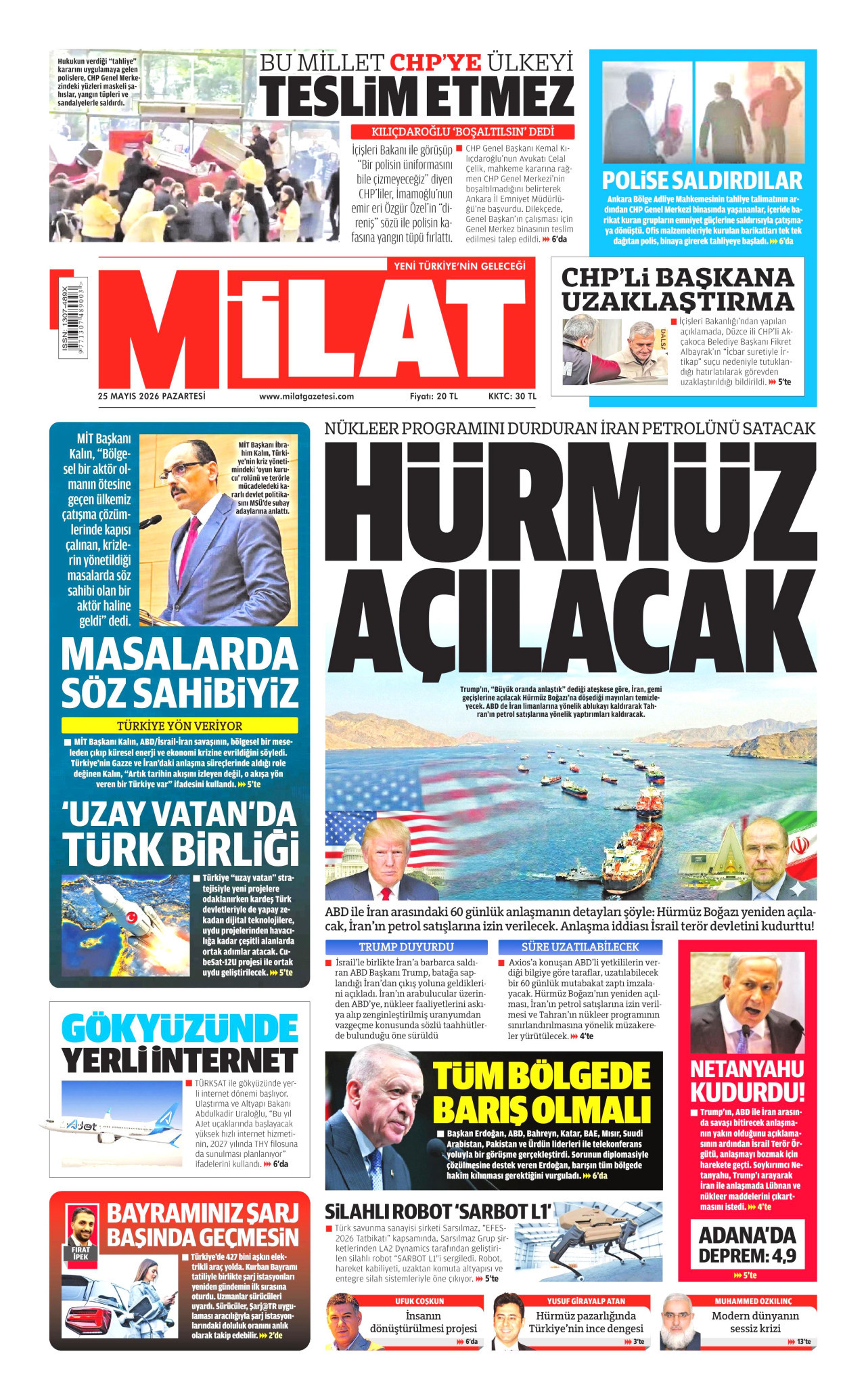 MİLAT gazetesinin 25 Mayıs 2026 tarihli birinci sayfası