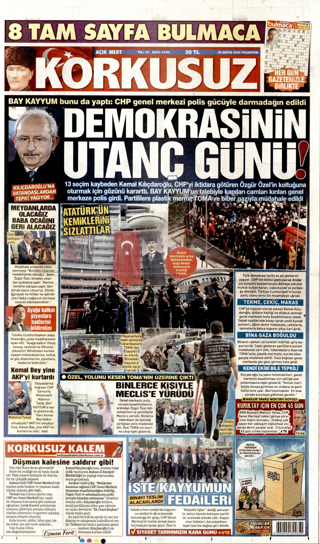 KORKUSUZ gazetesinin 25 Mayıs 2026 tarihli birinci sayfası