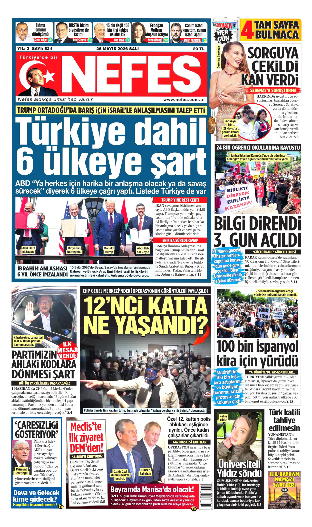NEFES gazetesinin 26 Mayıs 2026 tarihli birinci sayfası