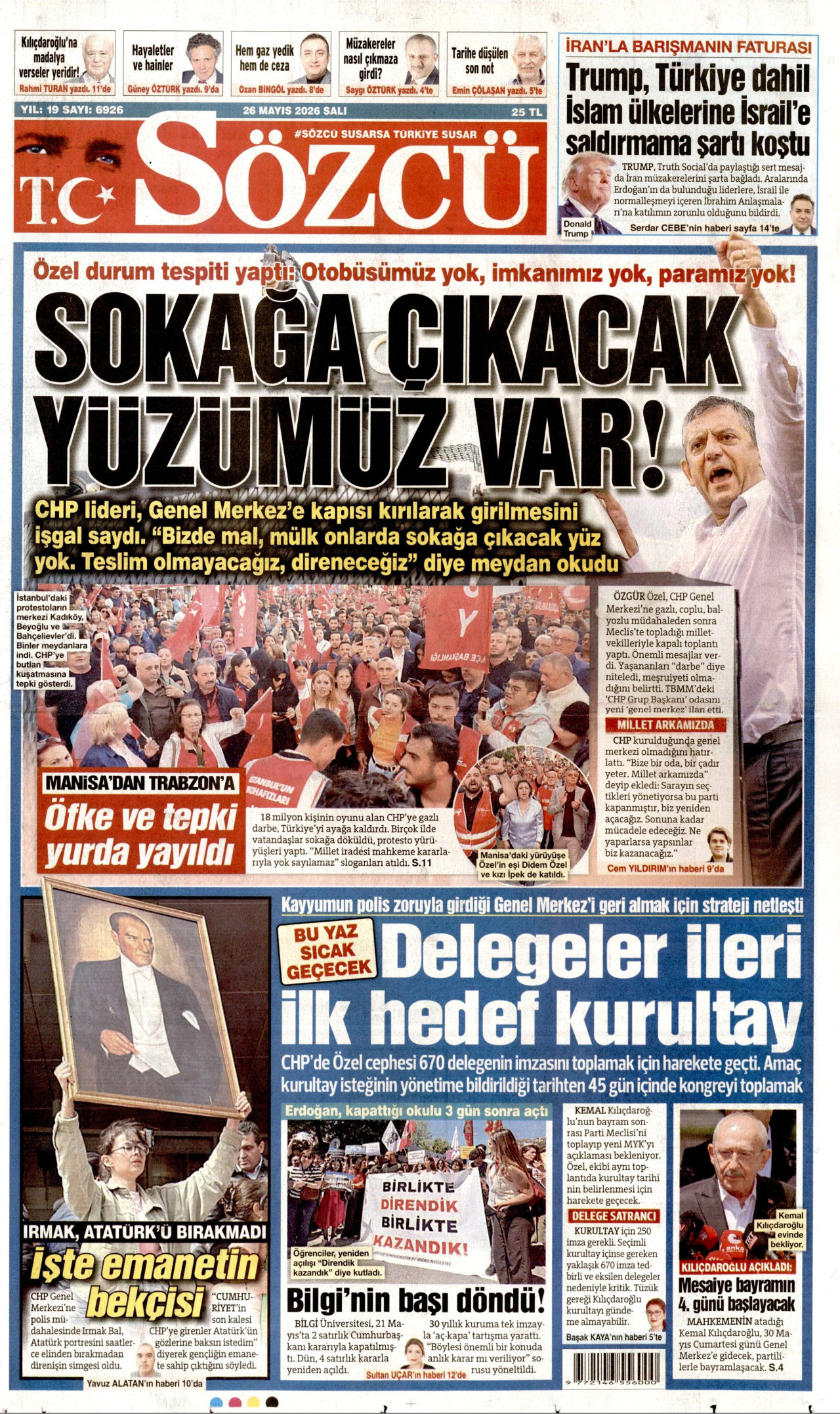 SÖZCÜ gazetesinin 26 Mayıs 2026 tarihli birinci sayfası