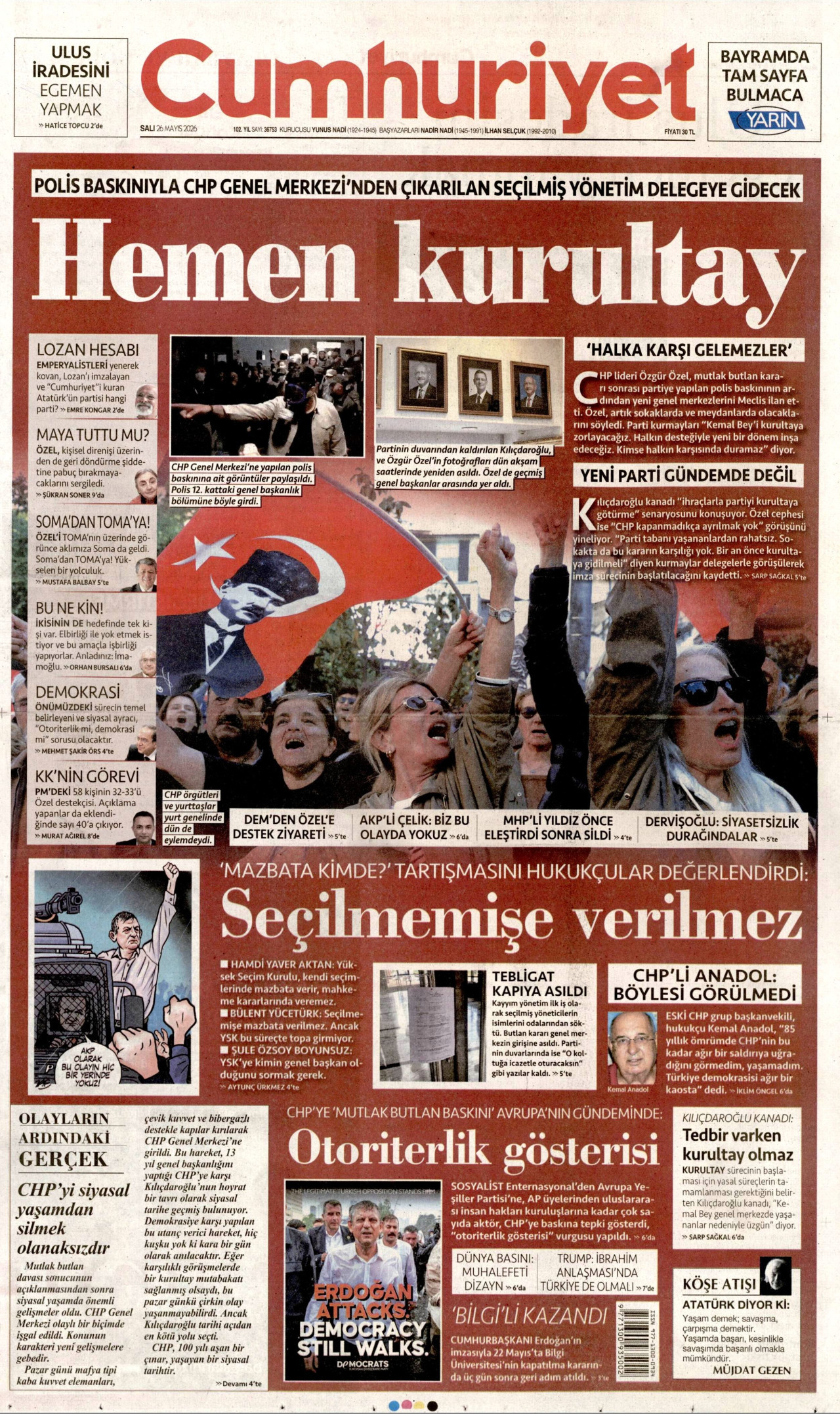 CUMHURİYET gazetesinin 26 Mayıs 2026 tarihli birinci sayfası