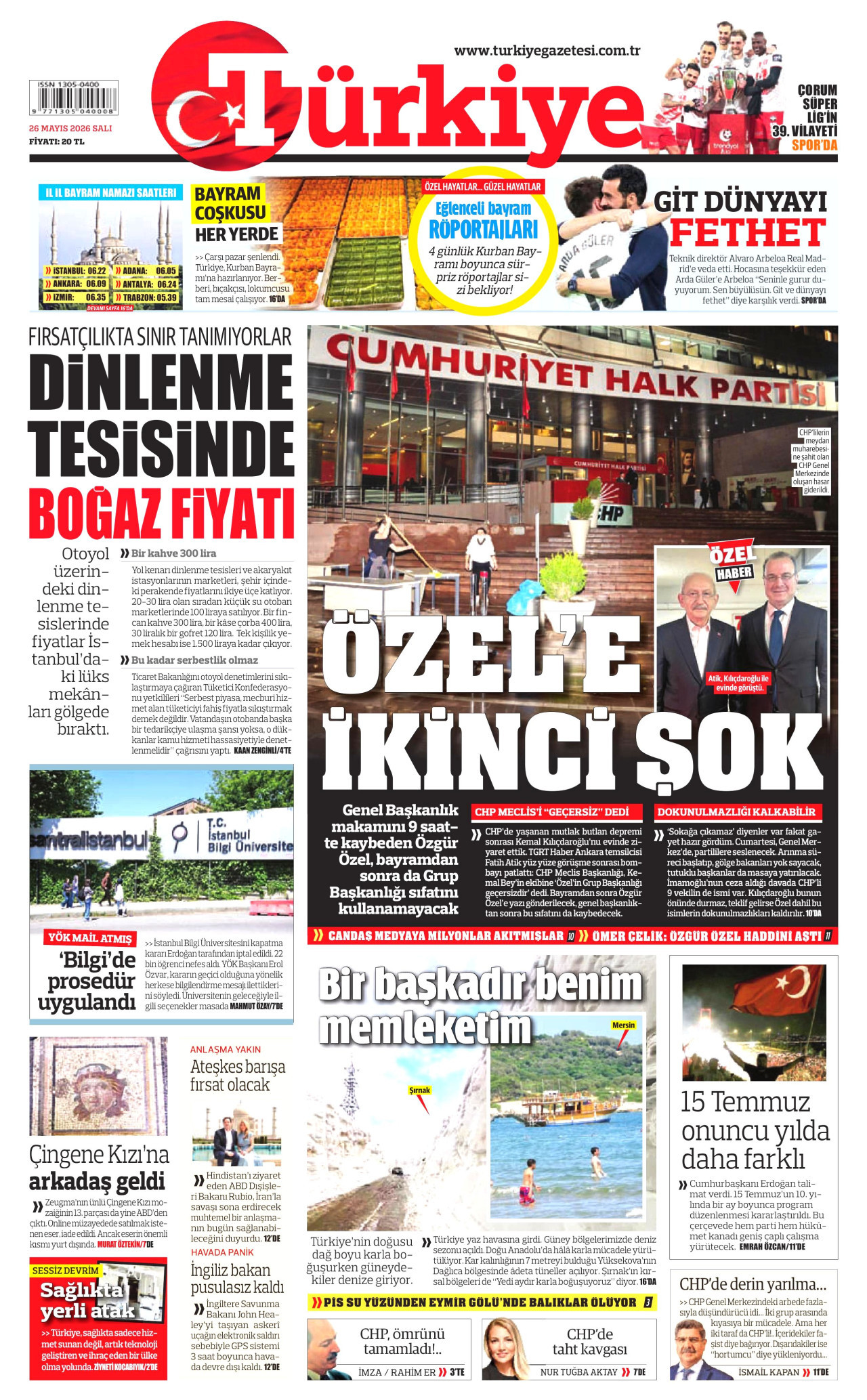 TÜRKİYE GAZETESİ gazetesinin 26 Mayıs 2026 tarihli birinci sayfası