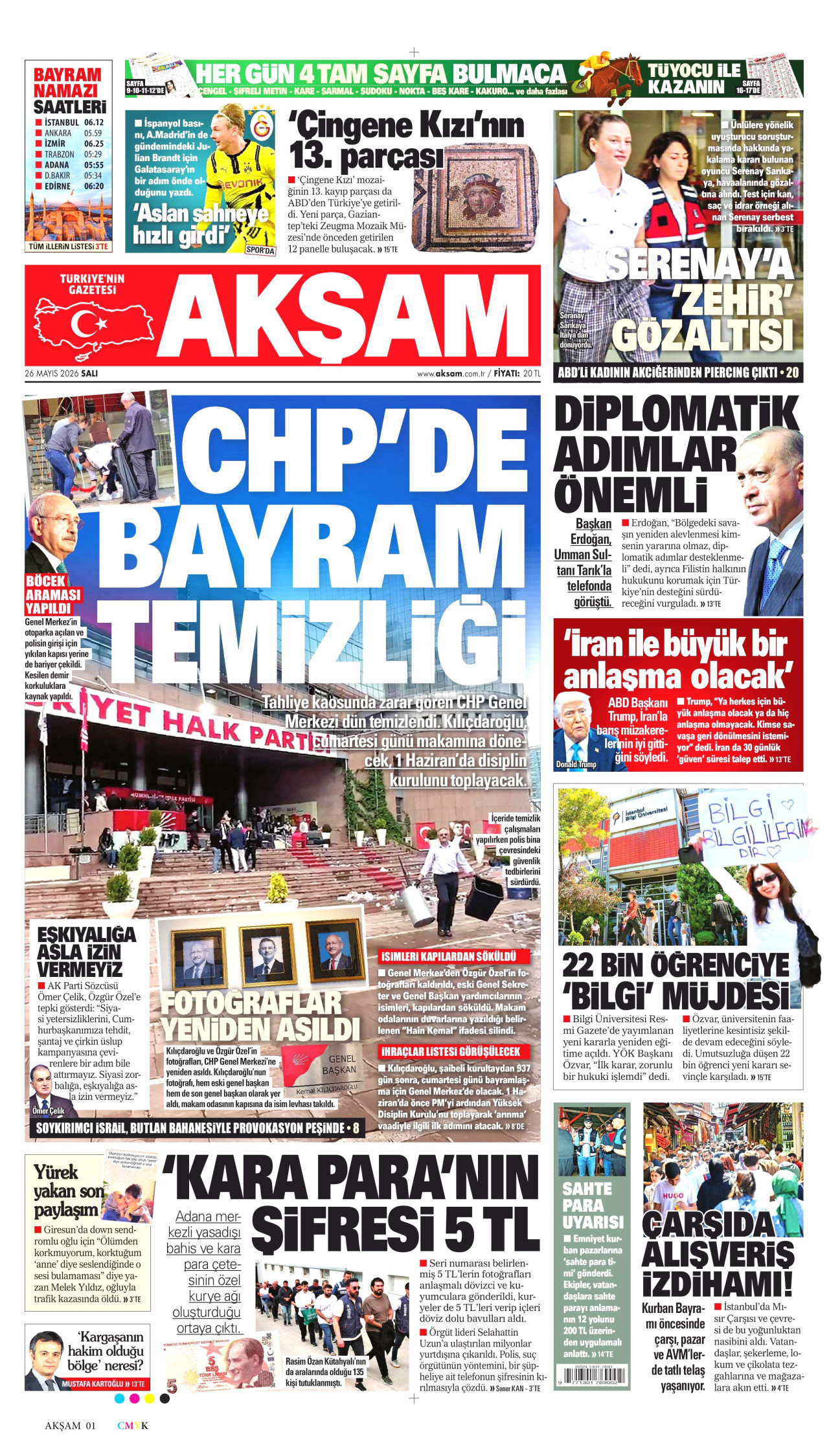 AKŞAM gazetesinin 26 Mayıs 2026 tarihli birinci sayfası
