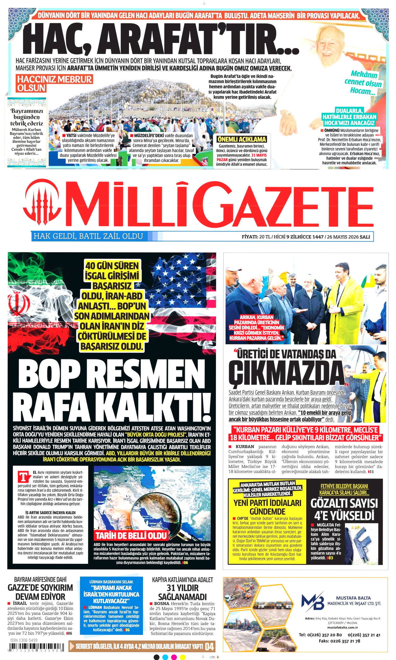 MİLLİ GAZETE gazetesinin 26 Mayıs 2026 tarihli birinci sayfası