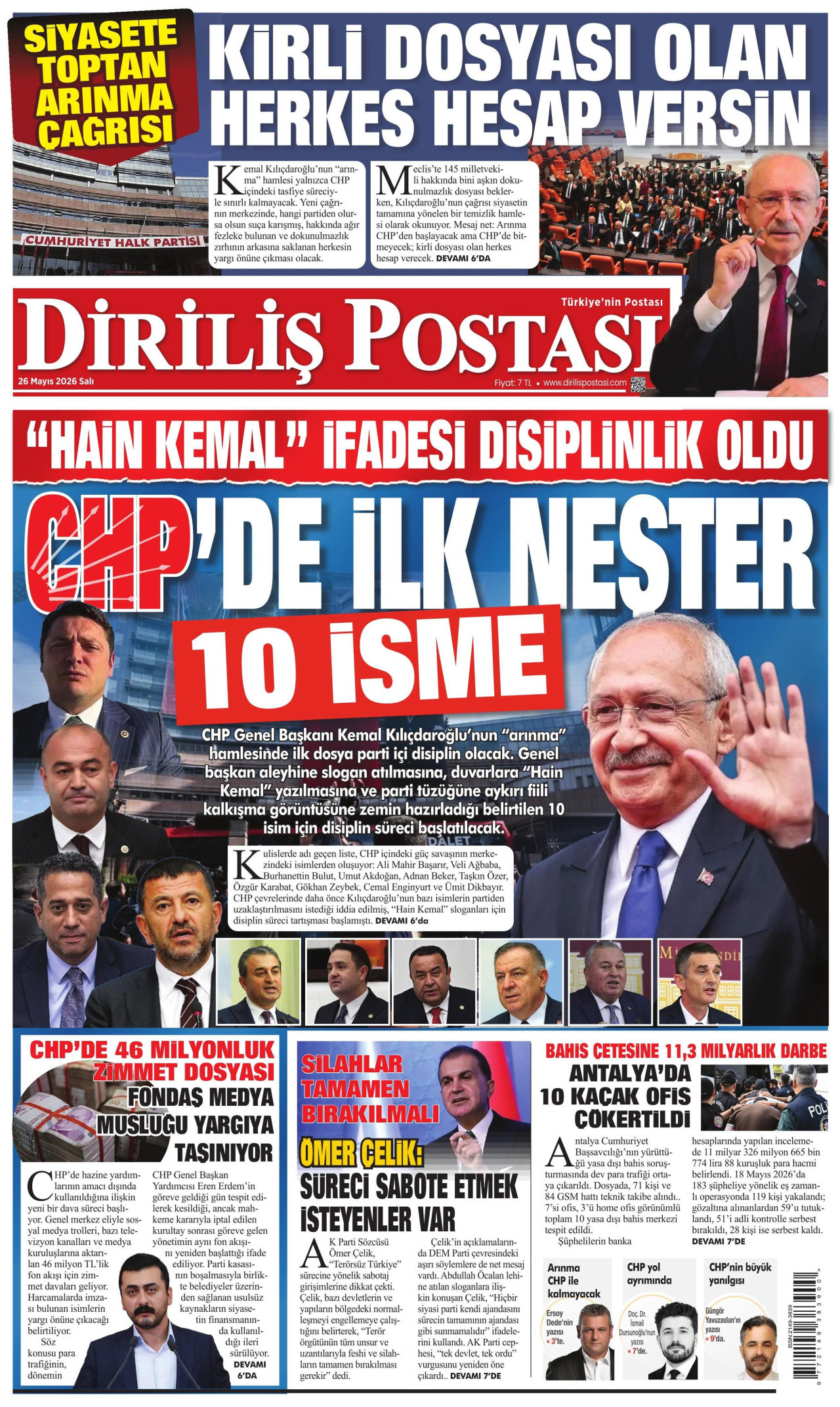 DİRİLİŞ POSTASI gazetesinin 26 Mayıs 2026 tarihli birinci sayfası