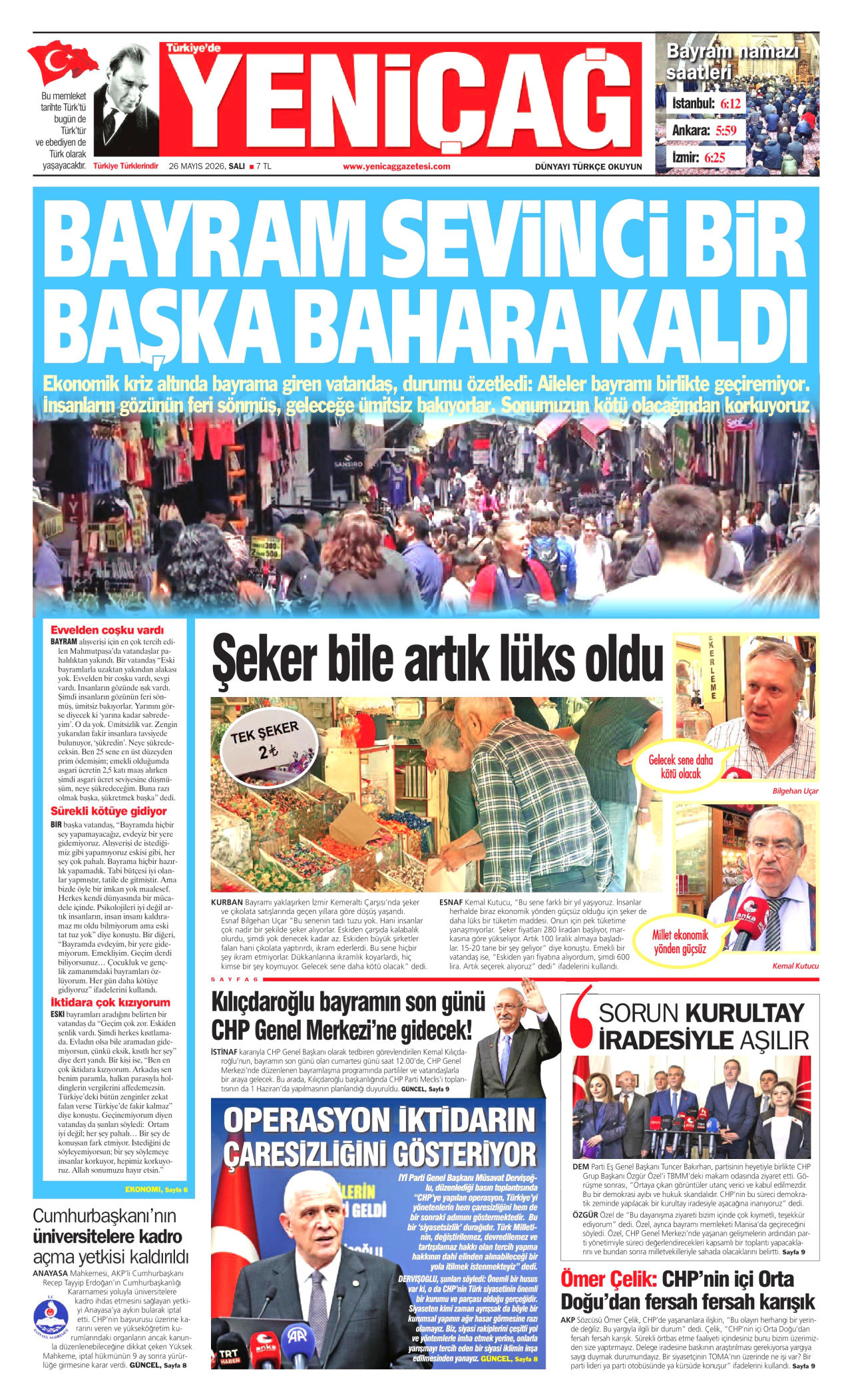 YENİÇAĞ gazetesinin 26 Mayıs 2026 tarihli birinci sayfası