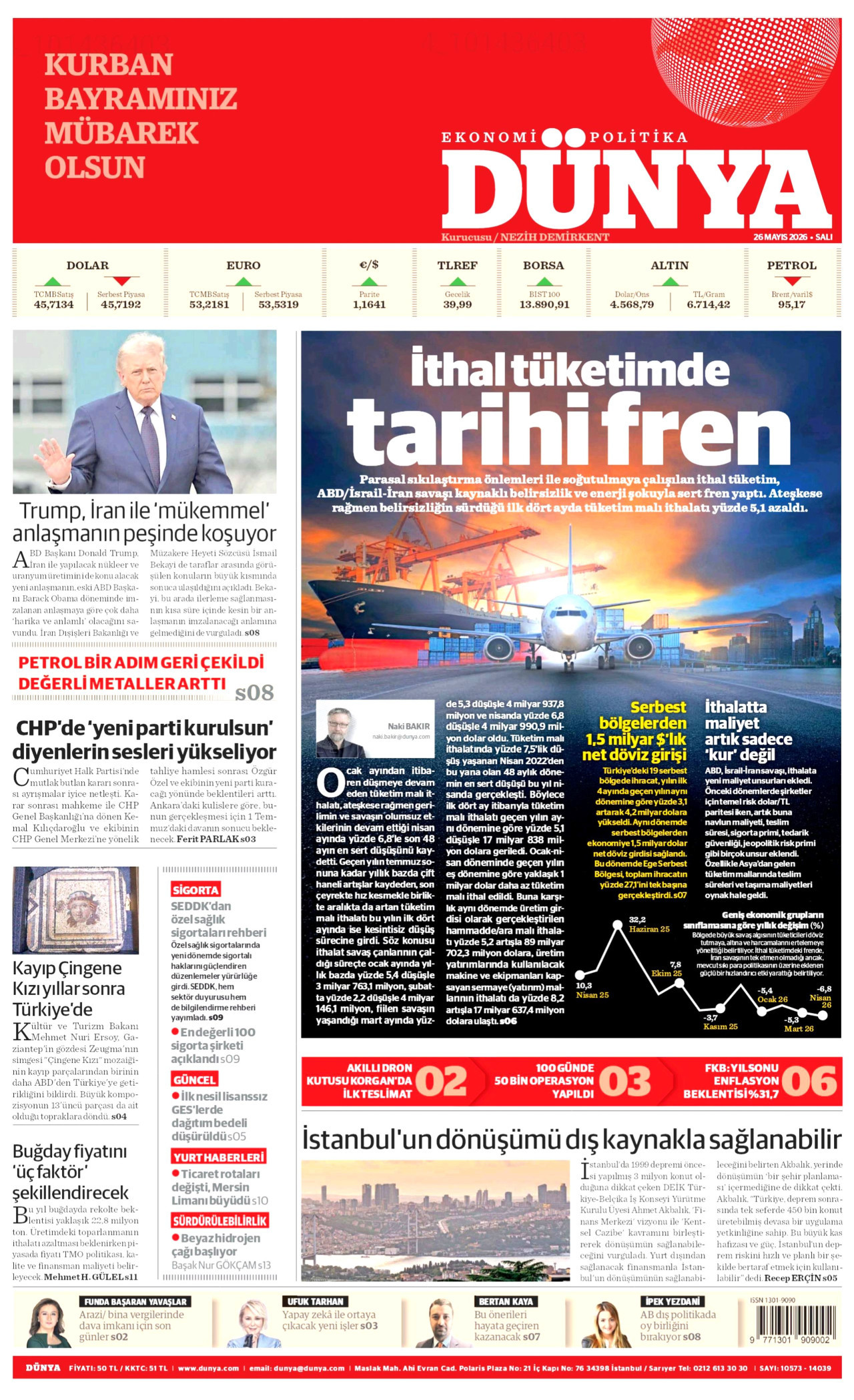 DÜNYA gazetesinin 26 Mayıs 2026 tarihli birinci sayfası