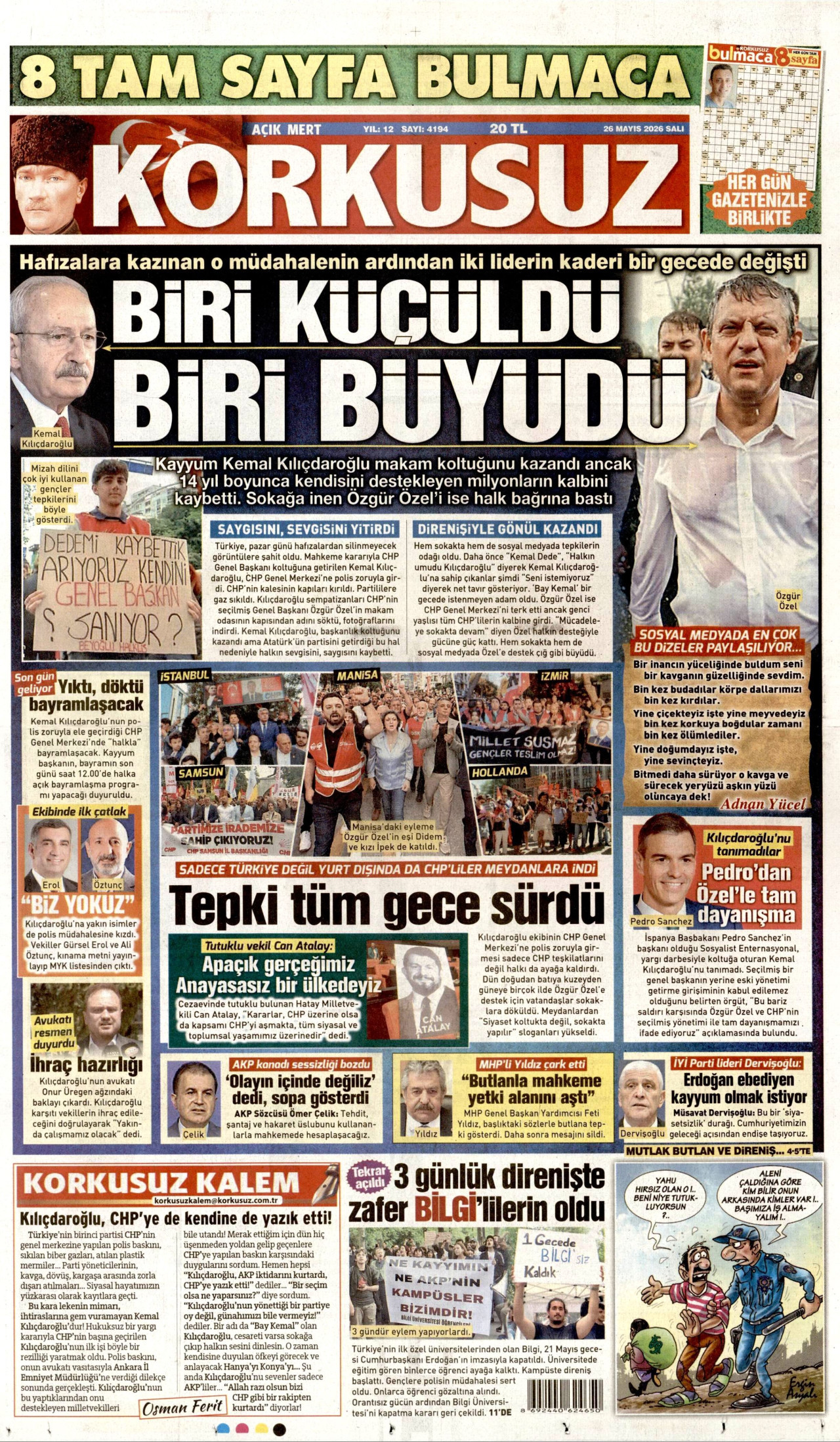 KORKUSUZ gazetesinin 26 Mayıs 2026 tarihli birinci sayfası