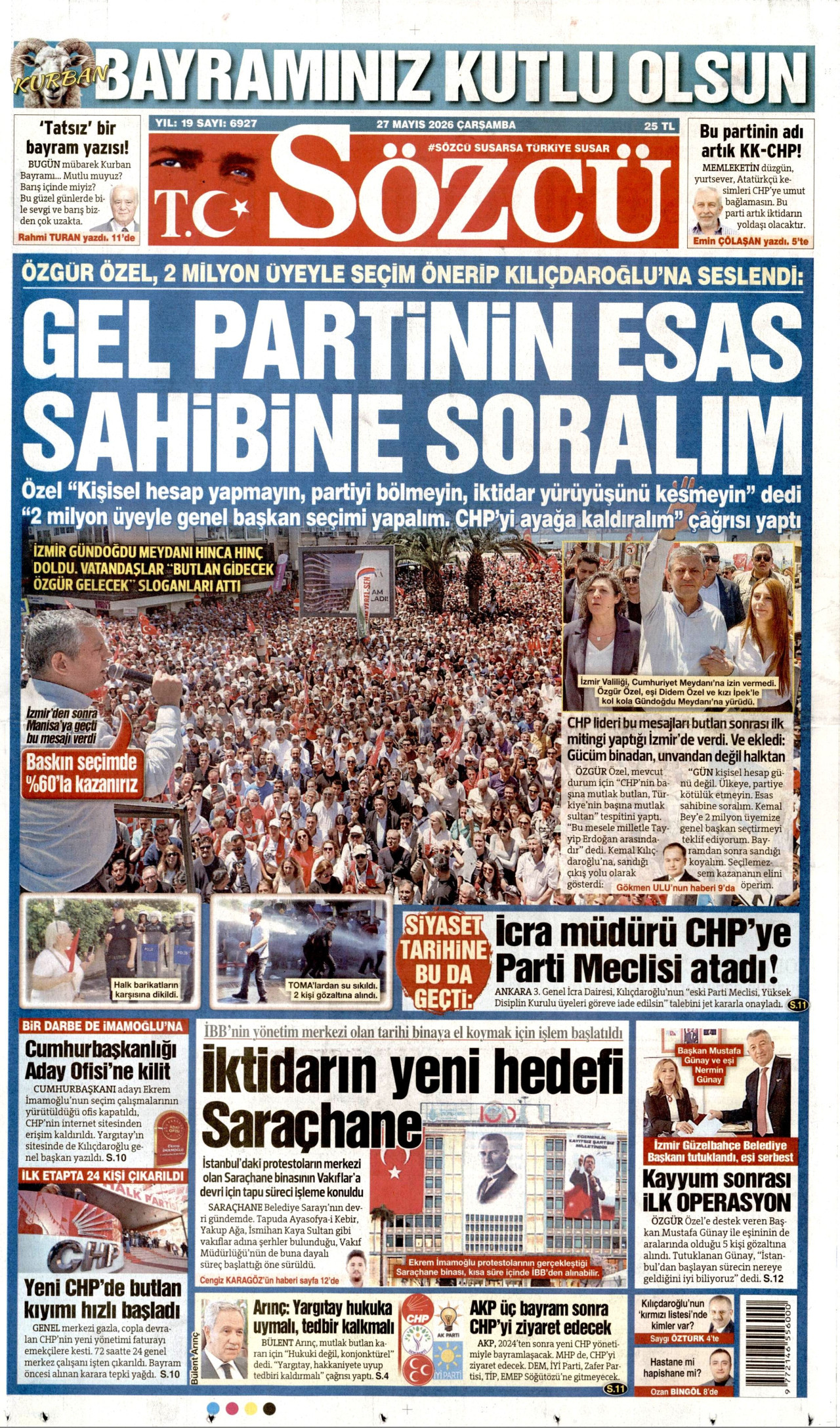 SÖZCÜ gazetesinin 27 Mayıs 2026 tarihli birinci sayfası