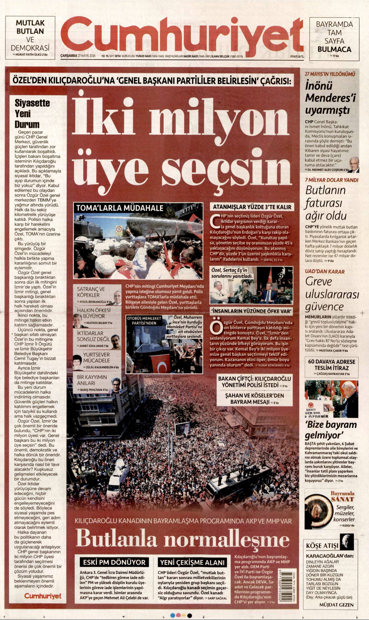 CUMHURİYET gazetesinin 27 Mayıs 2026 tarihli birinci sayfası