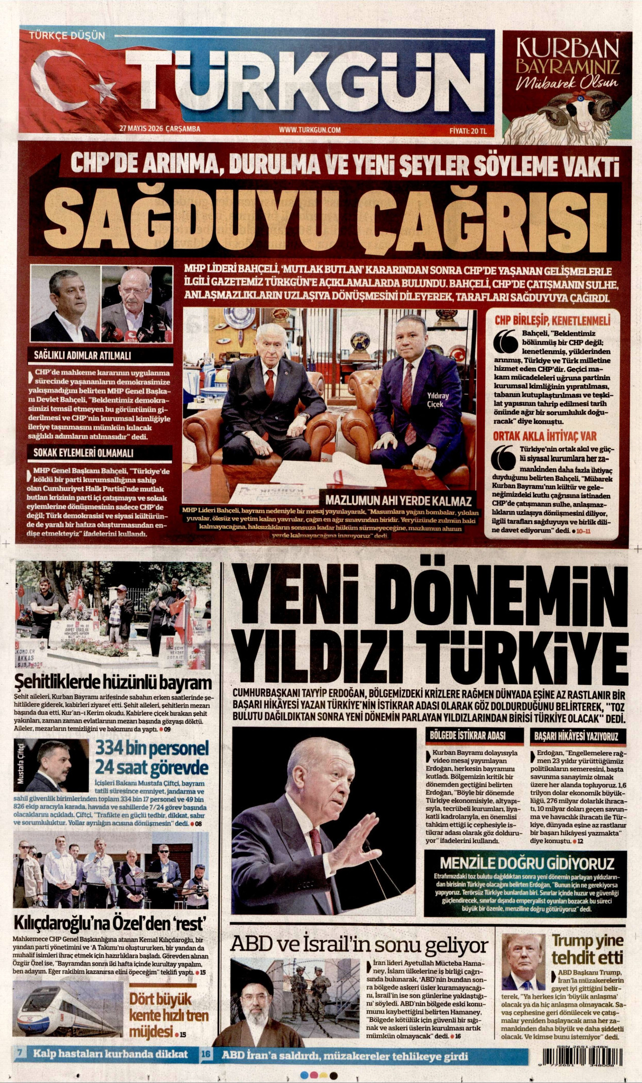 TÜRKGÜN gazetesinin 27 Mayıs 2026 tarihli birinci sayfası