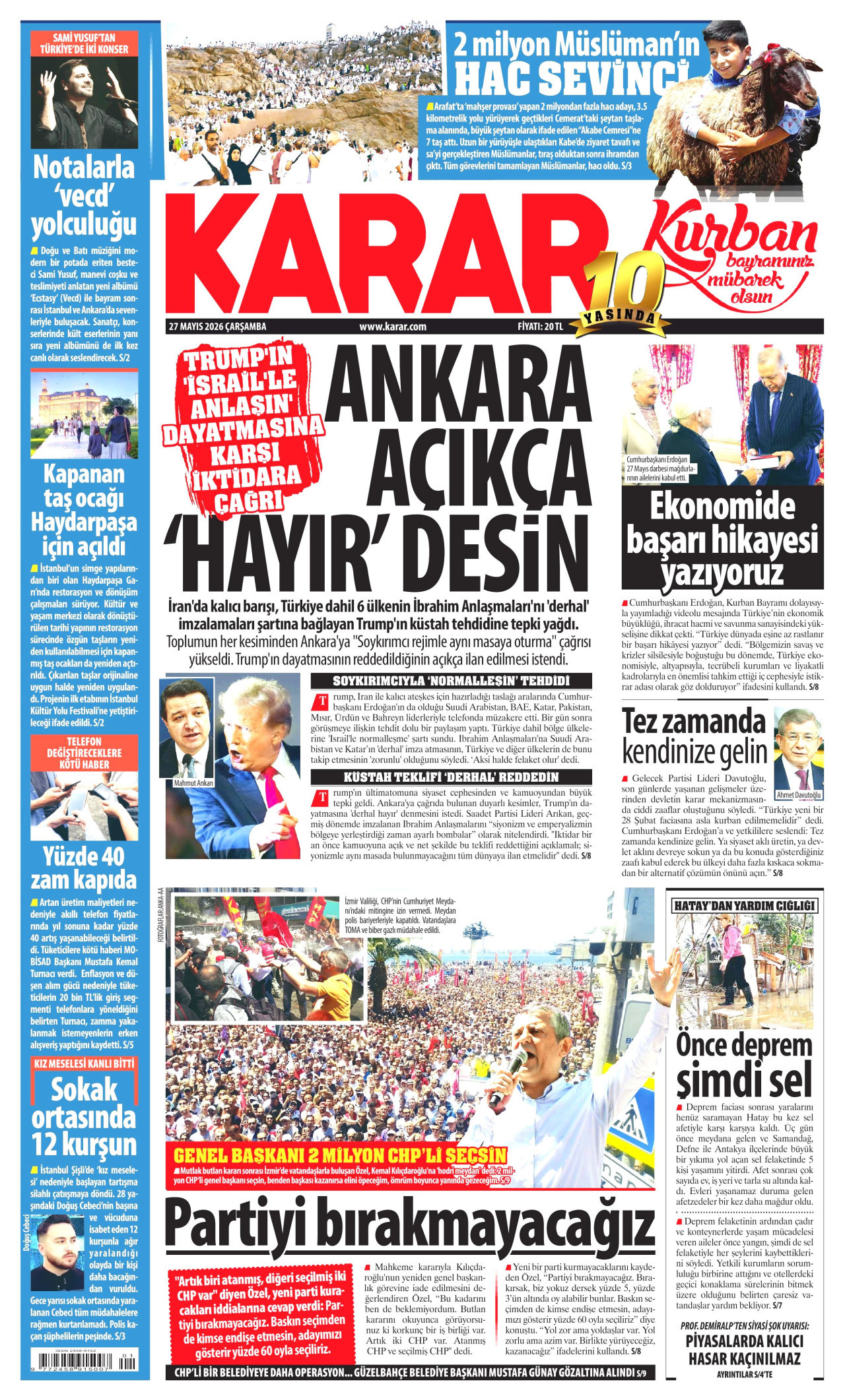 KARAR gazetesinin 27 Mayıs 2026 tarihli birinci sayfası
