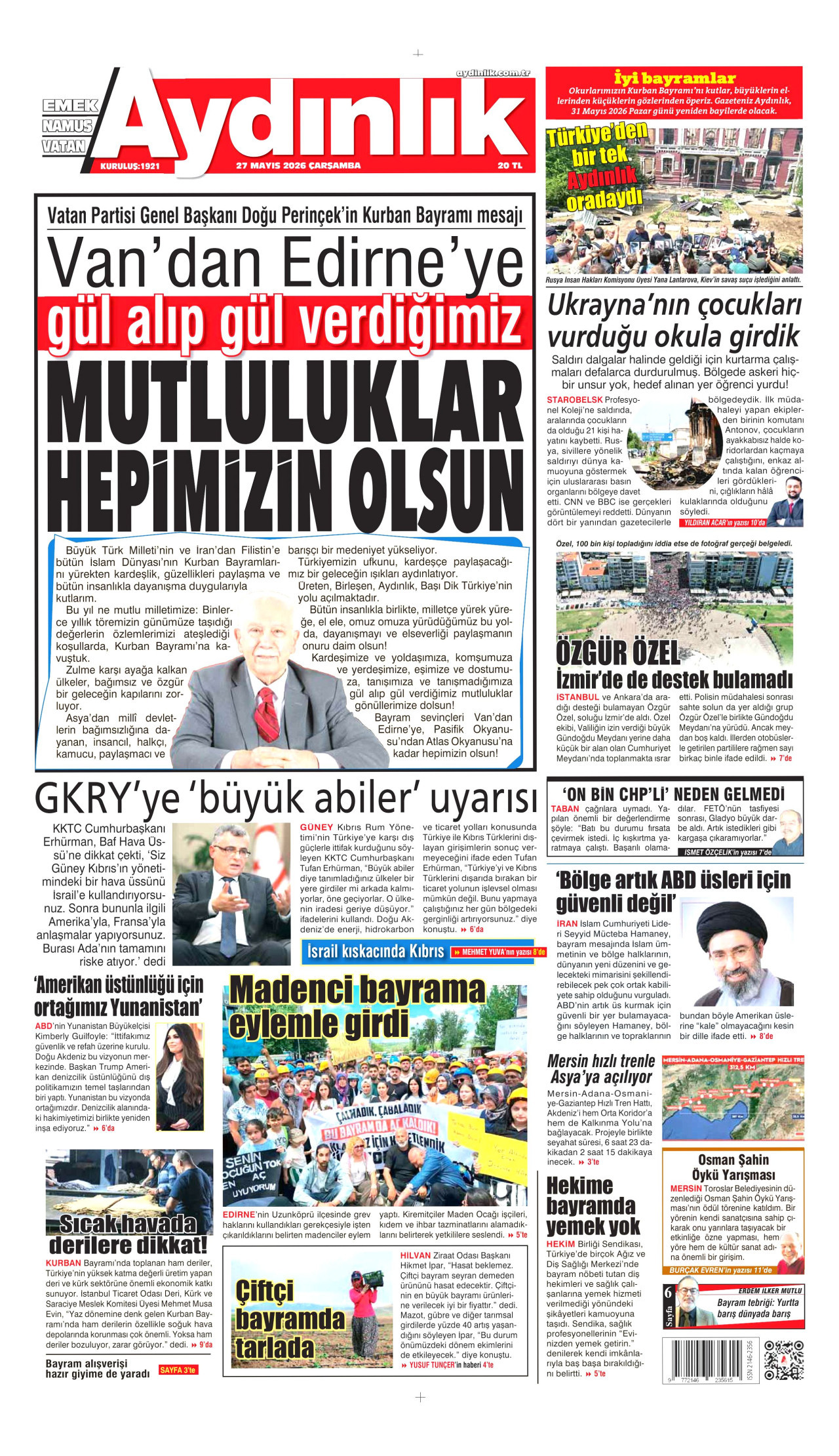 AYDINLIK GAZETESİ gazetesinin 27 Mayıs 2026 tarihli birinci sayfası