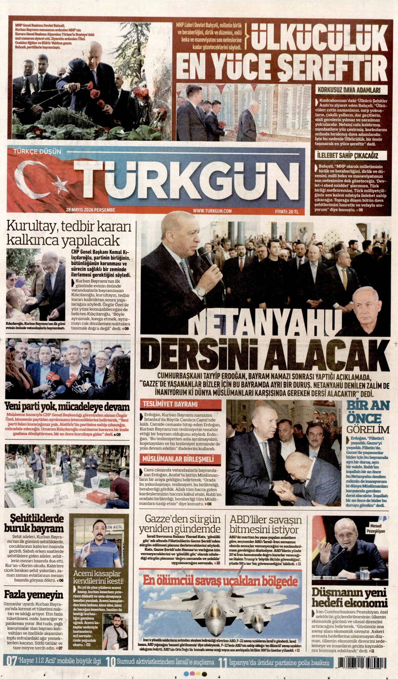 TÜRKGÜN gazetesinin 28 Mayıs 2026 tarihli birinci sayfası