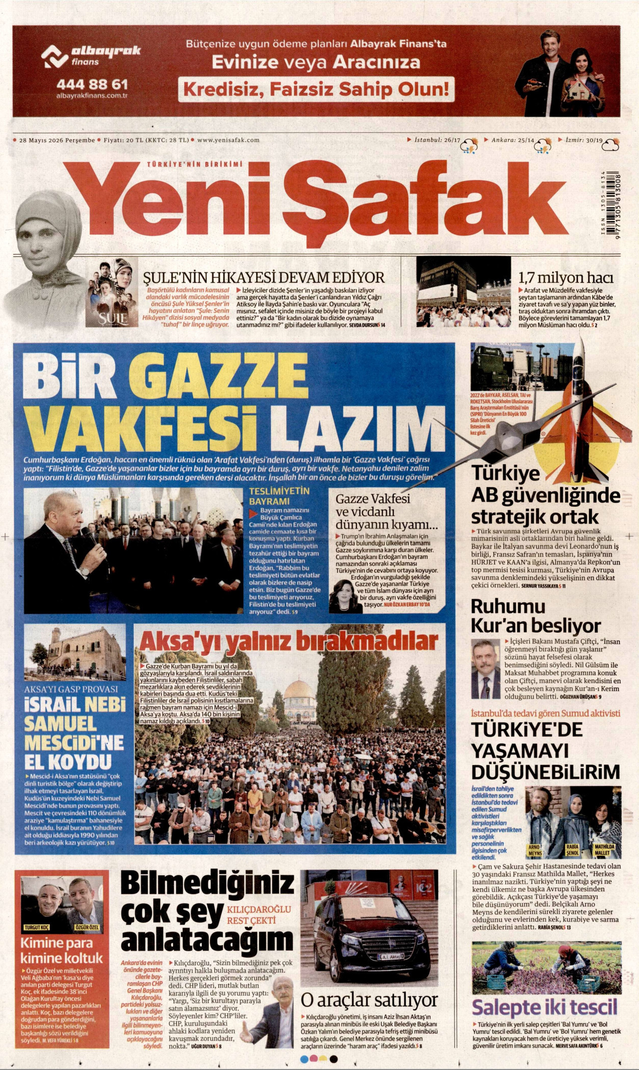YENİ ŞAFAK gazetesinin 28 Mayıs 2026 tarihli birinci sayfası
