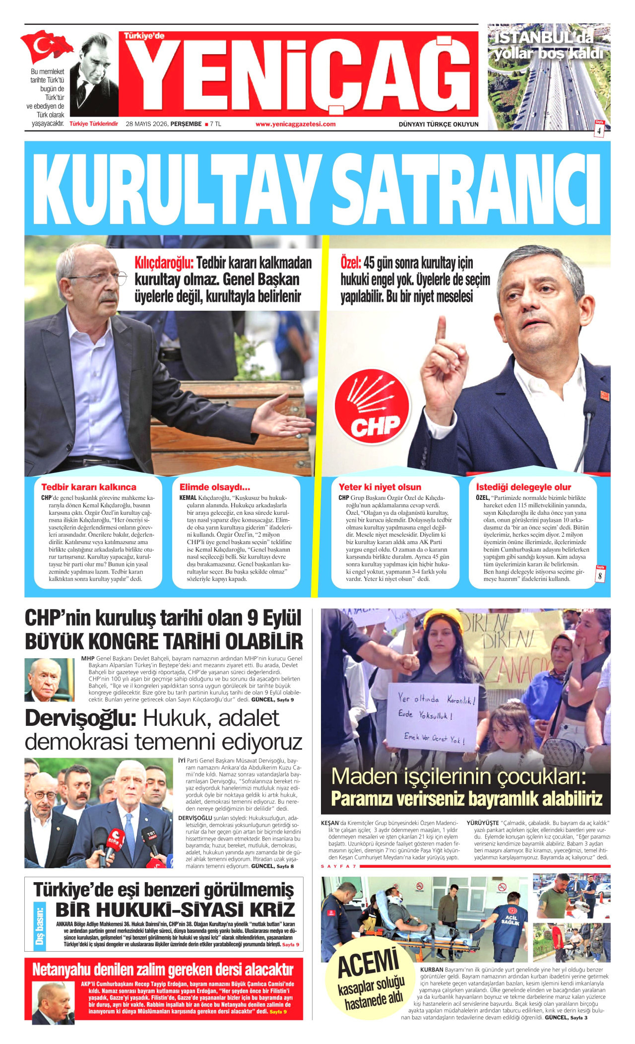 YENİÇAĞ gazetesinin 28 Mayıs 2026 tarihli birinci sayfası