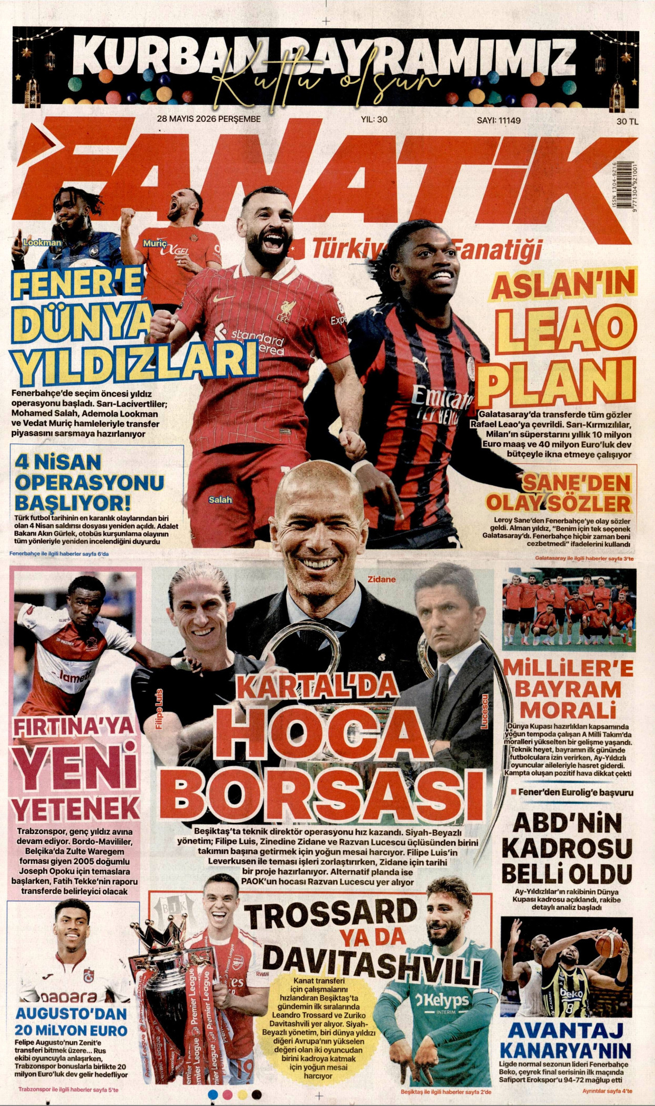 FANATİK gazetesinin 28 Mayıs 2026 tarihli birinci sayfası