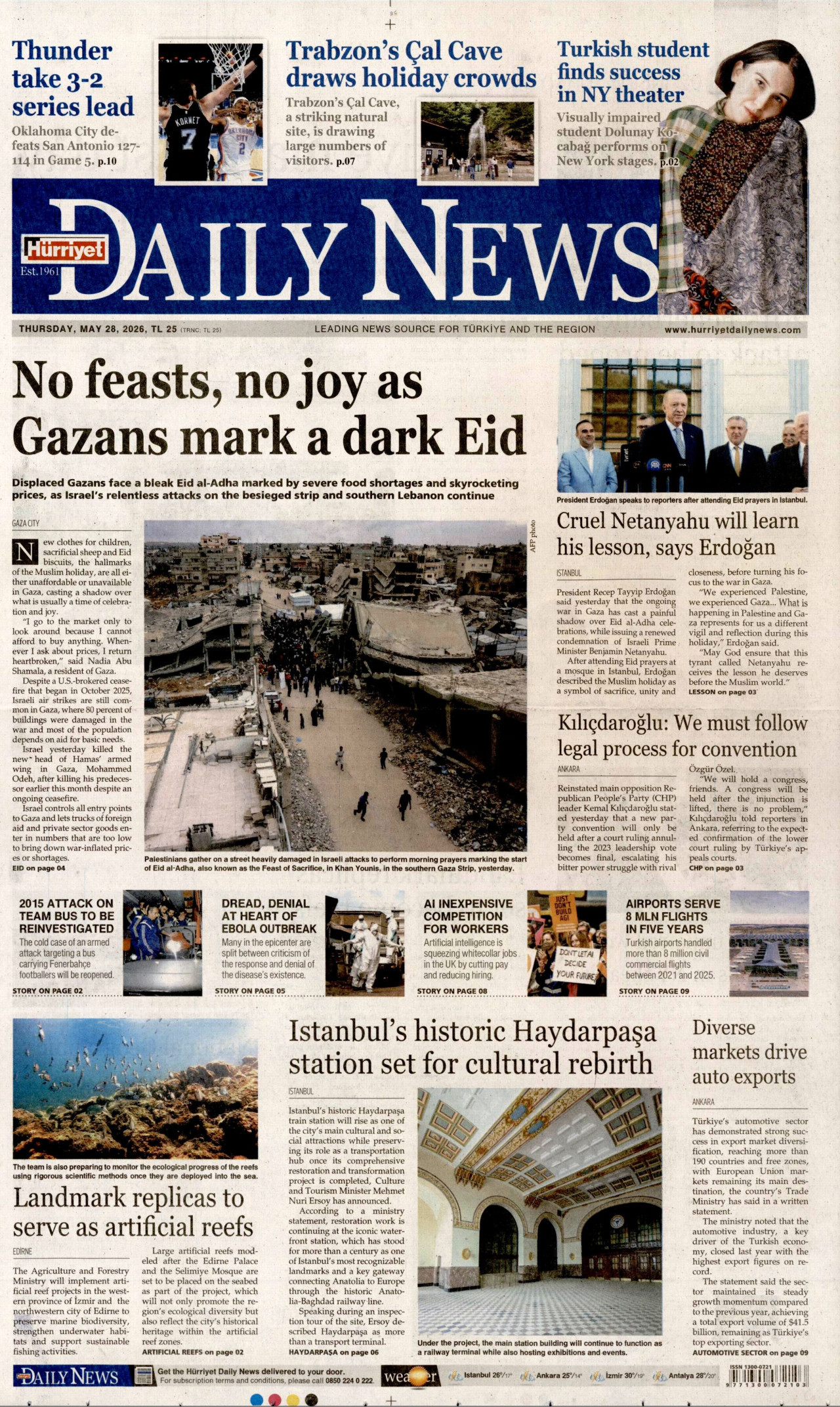 HÜRRİYET DAİLY NEWS gazetesinin 28 Mayıs 2026 tarihli birinci sayfası