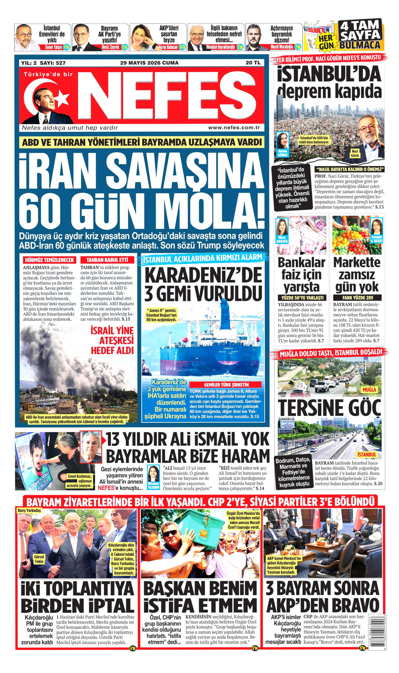 NEFES gazetesinin 29 Mayıs 2026 tarihli birinci sayfası