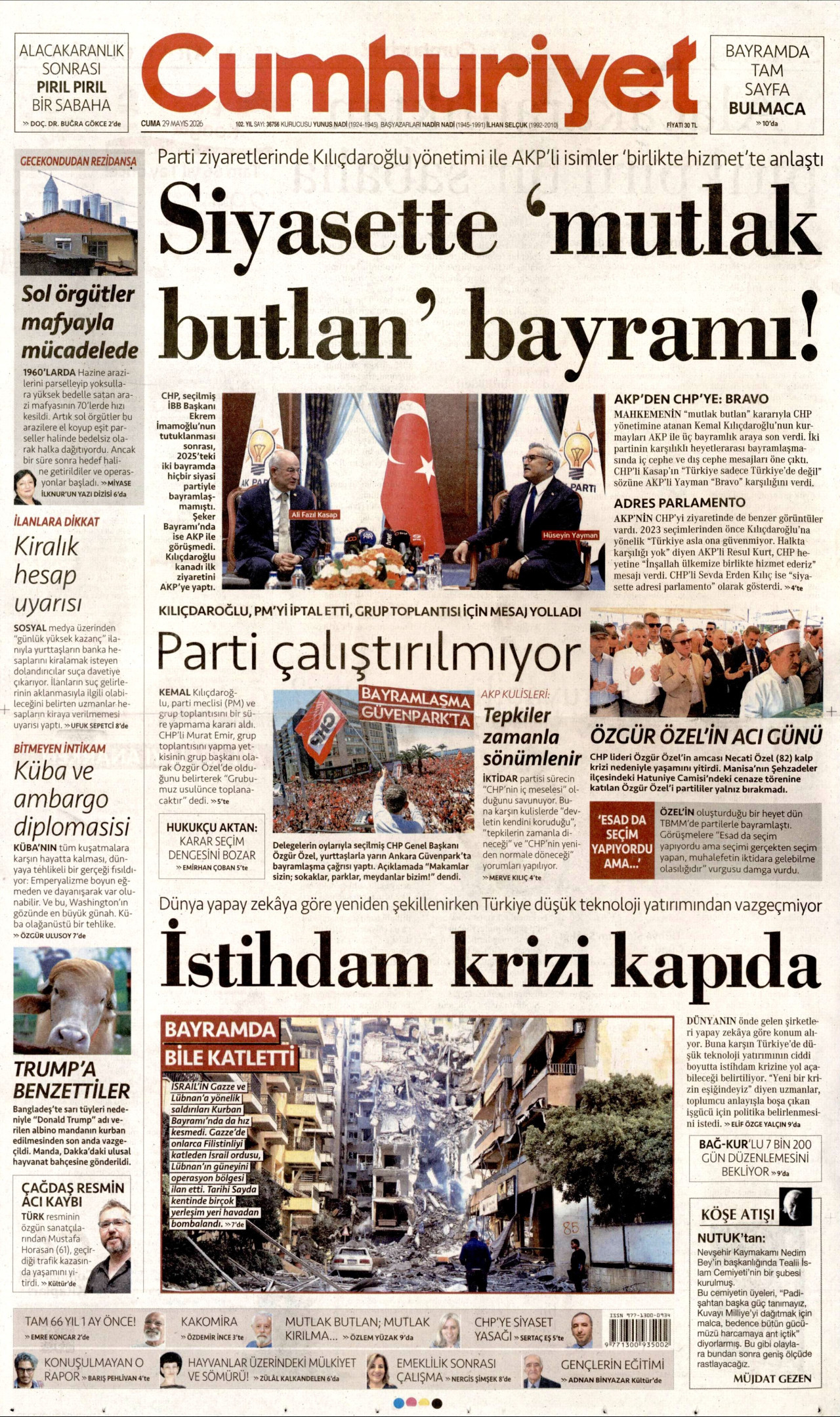 CUMHURİYET gazetesinin 29 Mayıs 2026 tarihli birinci sayfası