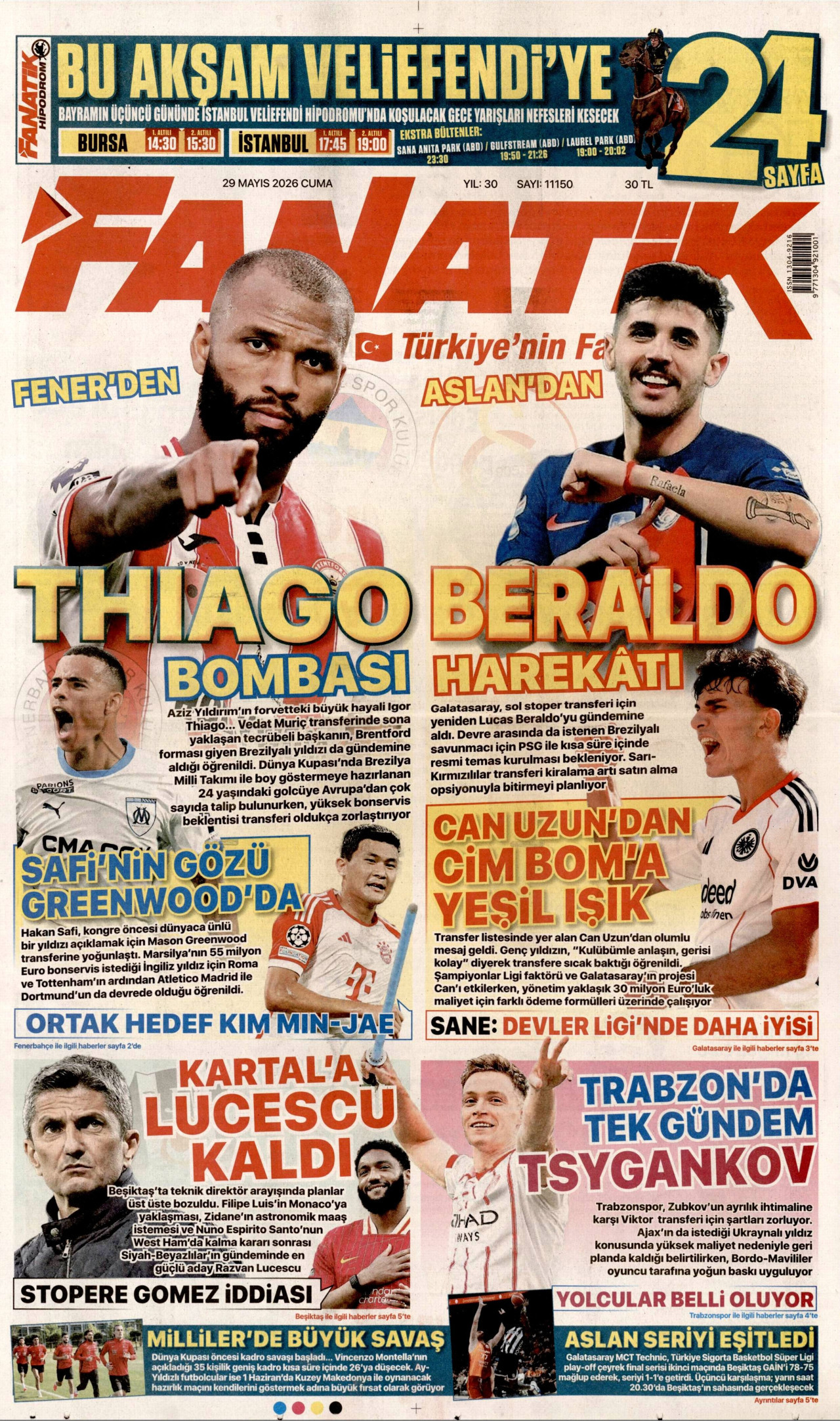FANATİK gazetesinin 29 Mayıs 2026 tarihli birinci sayfası