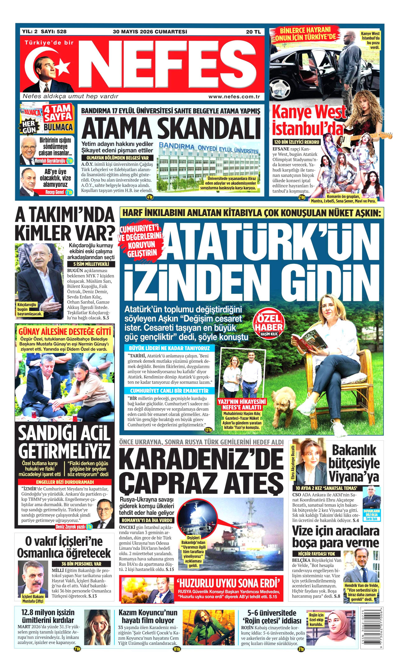 NEFES gazetesinin 30 Mayıs 2026 tarihli birinci sayfası