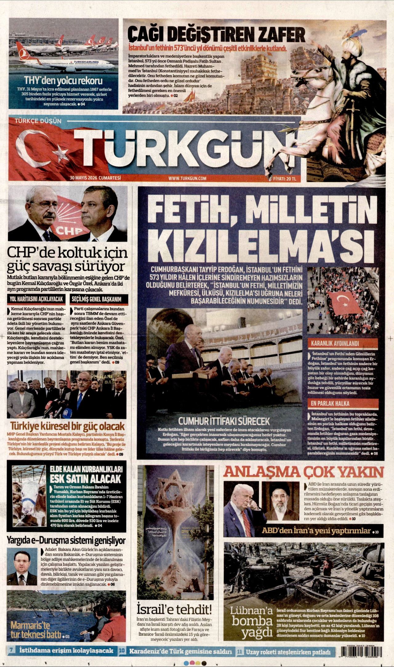 TÜRKGÜN gazetesinin 30 Mayıs 2026 tarihli birinci sayfası