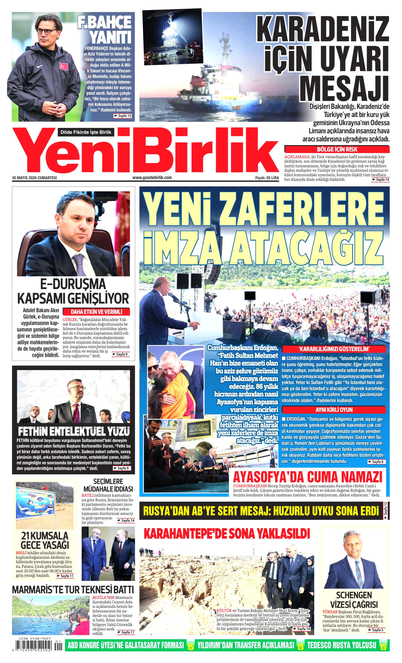 YENİBİRLİK gazetesinin 30 Mayıs 2026 tarihli birinci sayfası