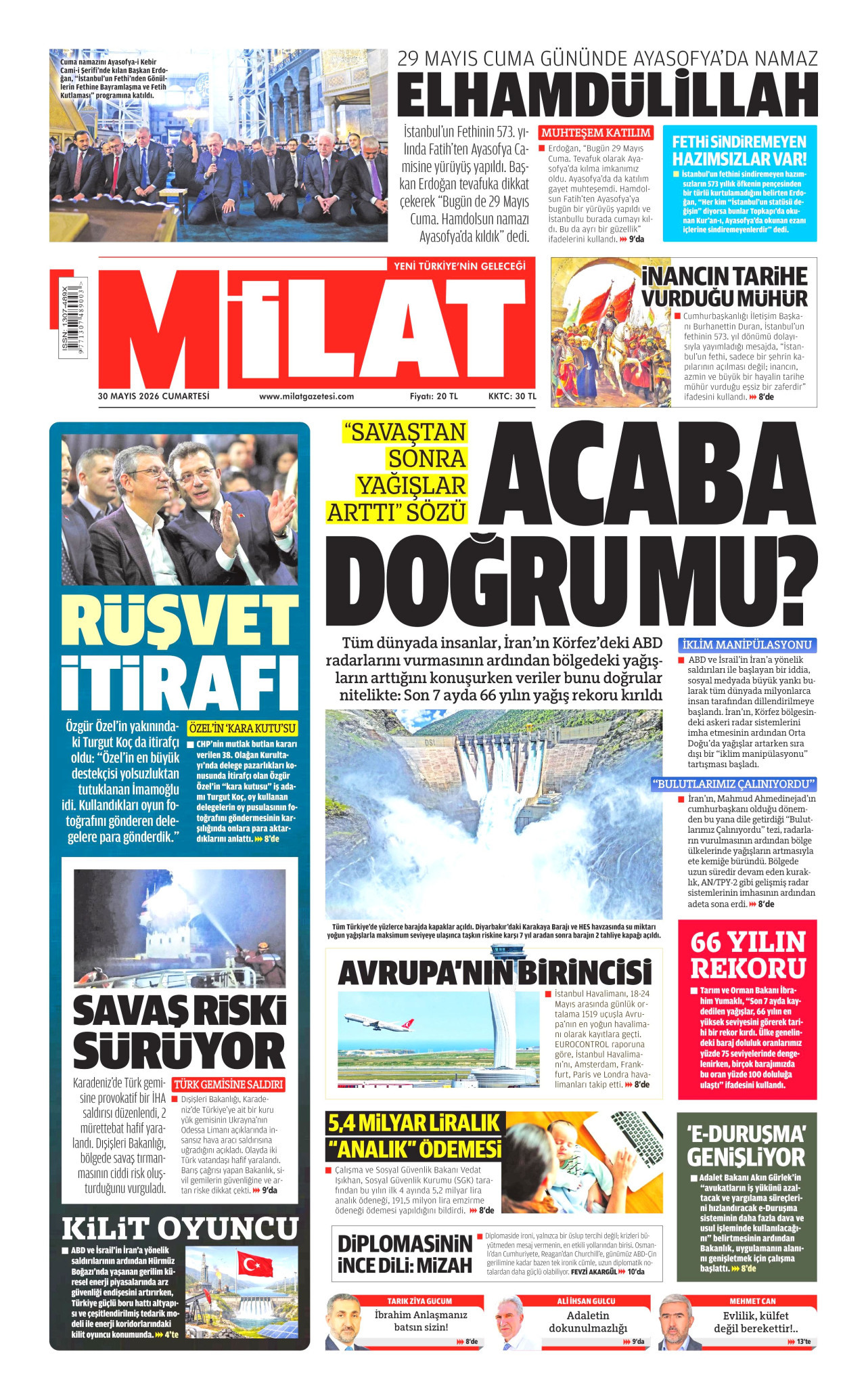 MİLAT gazetesinin 30 Mayıs 2026 tarihli birinci sayfası