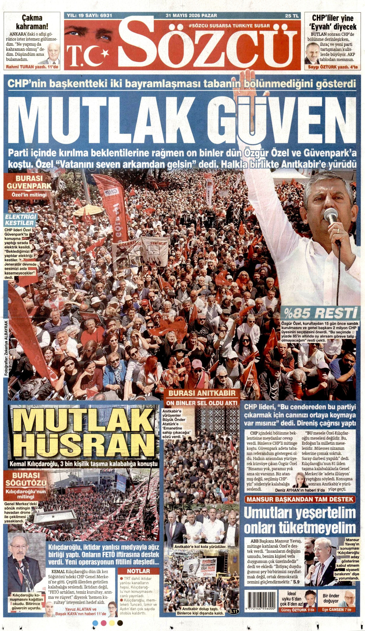 SÖZCÜ gazetesinin 31 Mayıs 2026 tarihli birinci sayfası