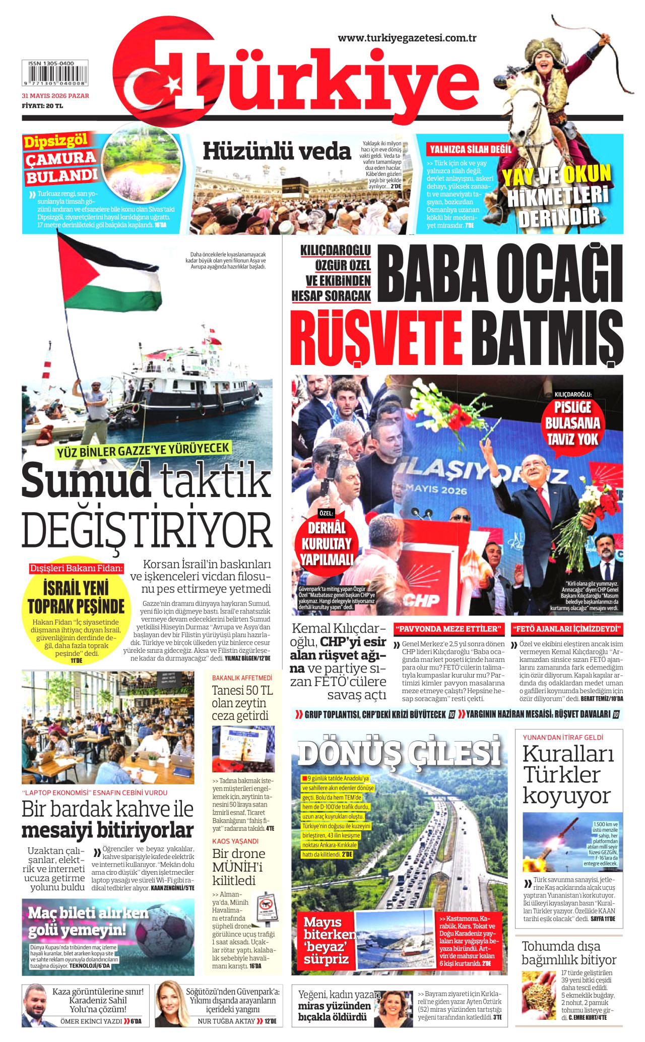 TÜRKİYE GAZETESİ gazetesinin 31 Mayıs 2026 tarihli birinci sayfası