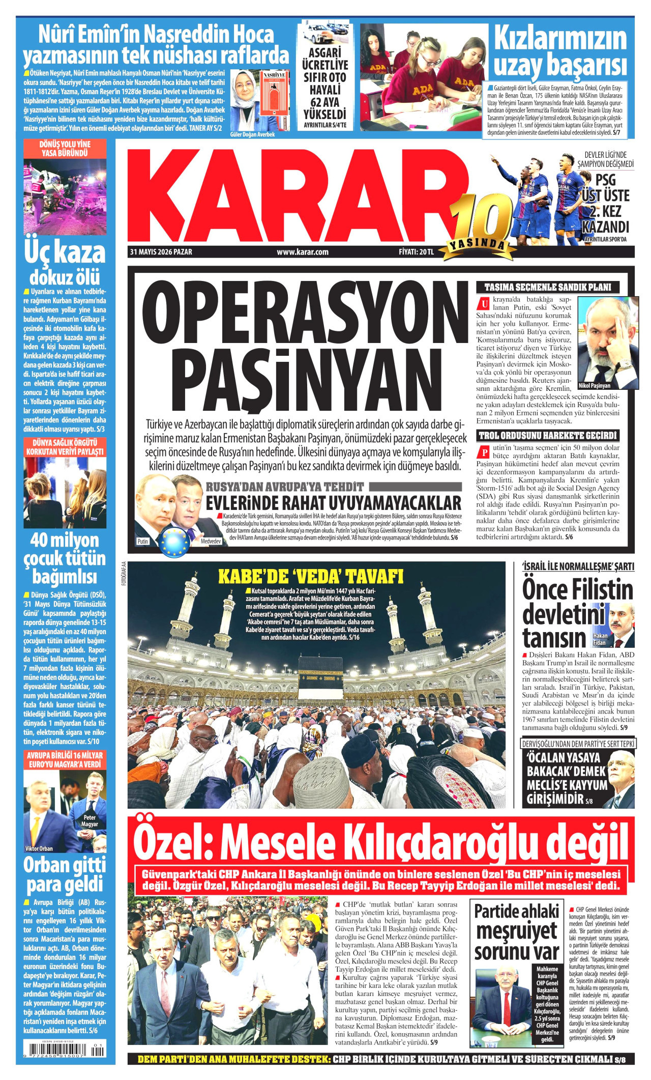 KARAR gazetesinin 31 Mayıs 2026 tarihli birinci sayfası